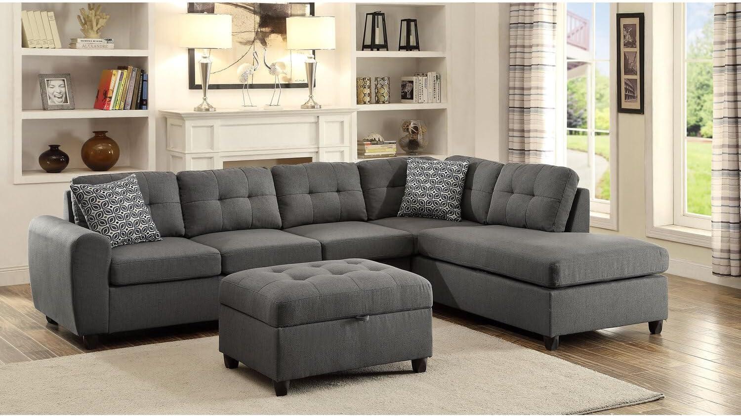 Gray Linen-Like Fabric Right Facing Sectional Sofa with Chaise