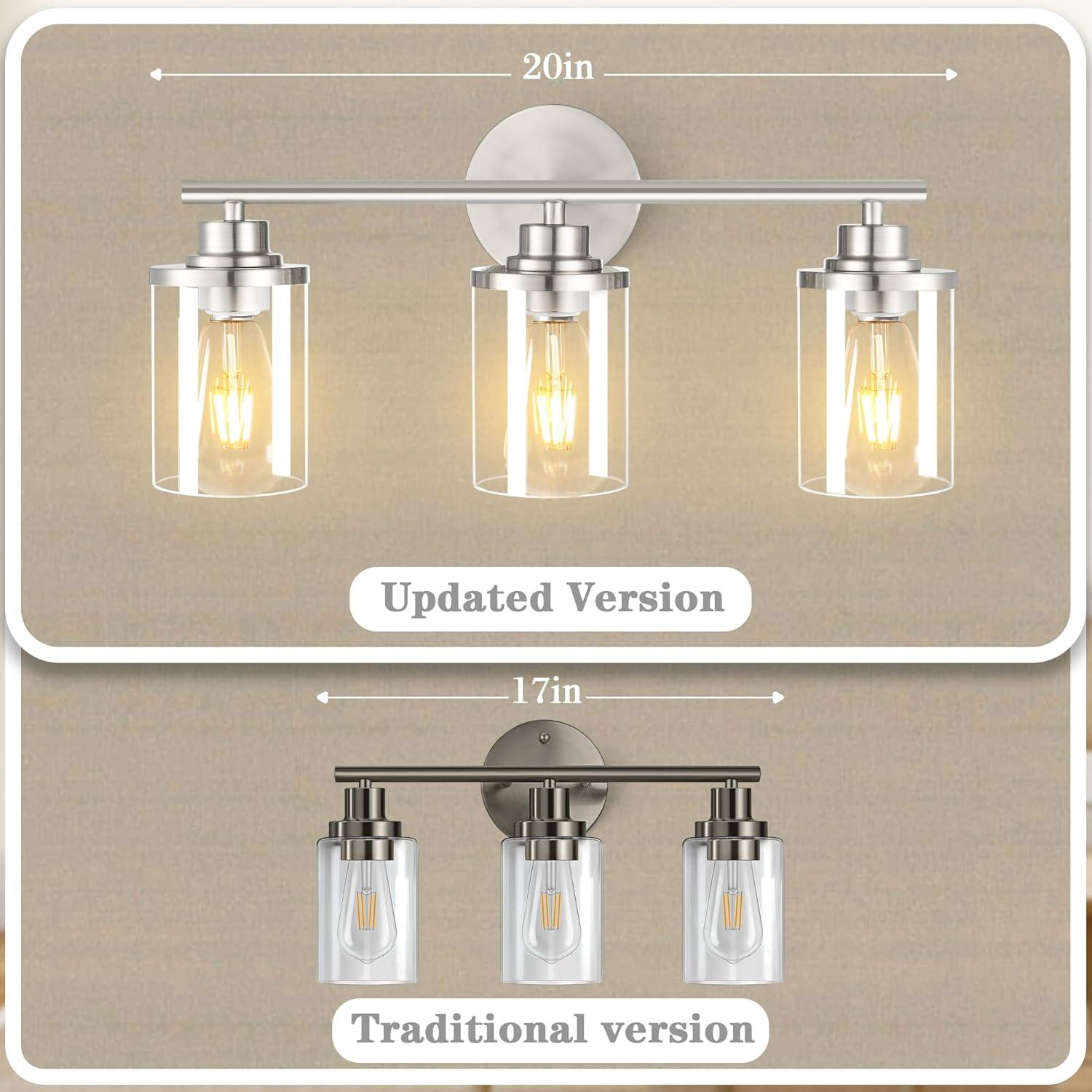 3-Light Bathroom Light Fixtures, Brushed Nickel Vanity Light, Farmhouse Wall Lights with Clear Glass Shade, Bathroom Wall Lamp for Mirror Kitchen Bedroom Hallway Living Room Hallway Cabinet