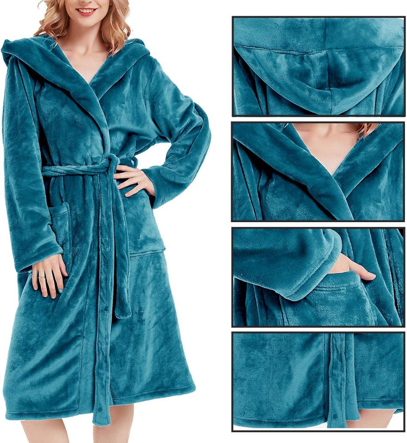 PAVILIA Fleece Robe For Women, Plush Warm Bathrobe, Fluffy Soft Spa Long Lightweight Fuzzy Cozy, Satin Trim (With Hood - Sea Blue, Large-X-Large)