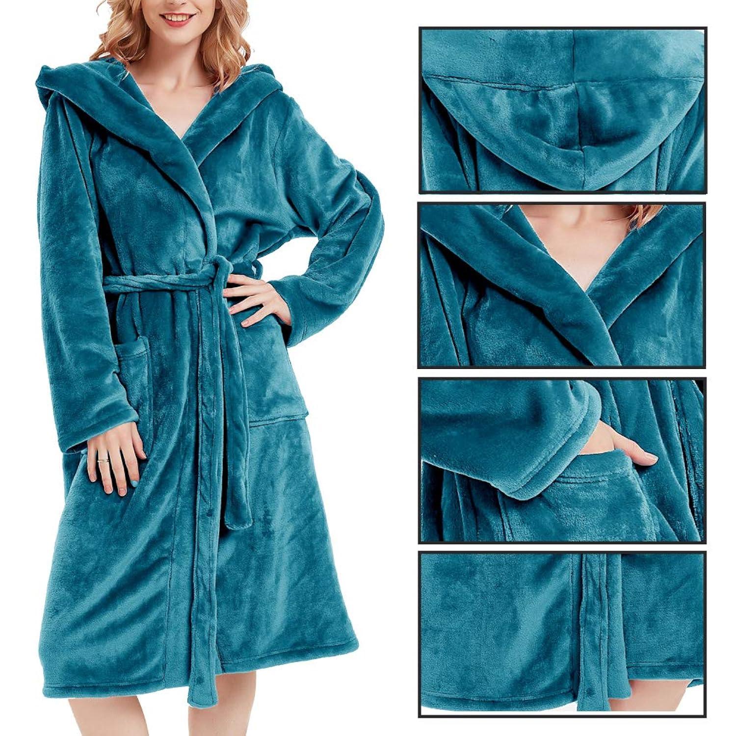 PAVILIA Fleece Robe For Women, Plush Warm Bathrobe, Fluffy Soft Spa Long Lightweight Fuzzy Cozy, Satin Trim (With Hood - Sea Blue, Large-X-Large)
