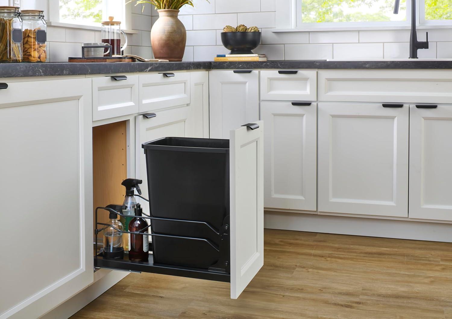 Rev-A-Shelf Pullout Trash Can for Under Kitchen Cabinets 35 Quart  8.75 Gallon with Soft-Close Slides and Rear Storage, Champagne, 53WC-1535SCDM-112