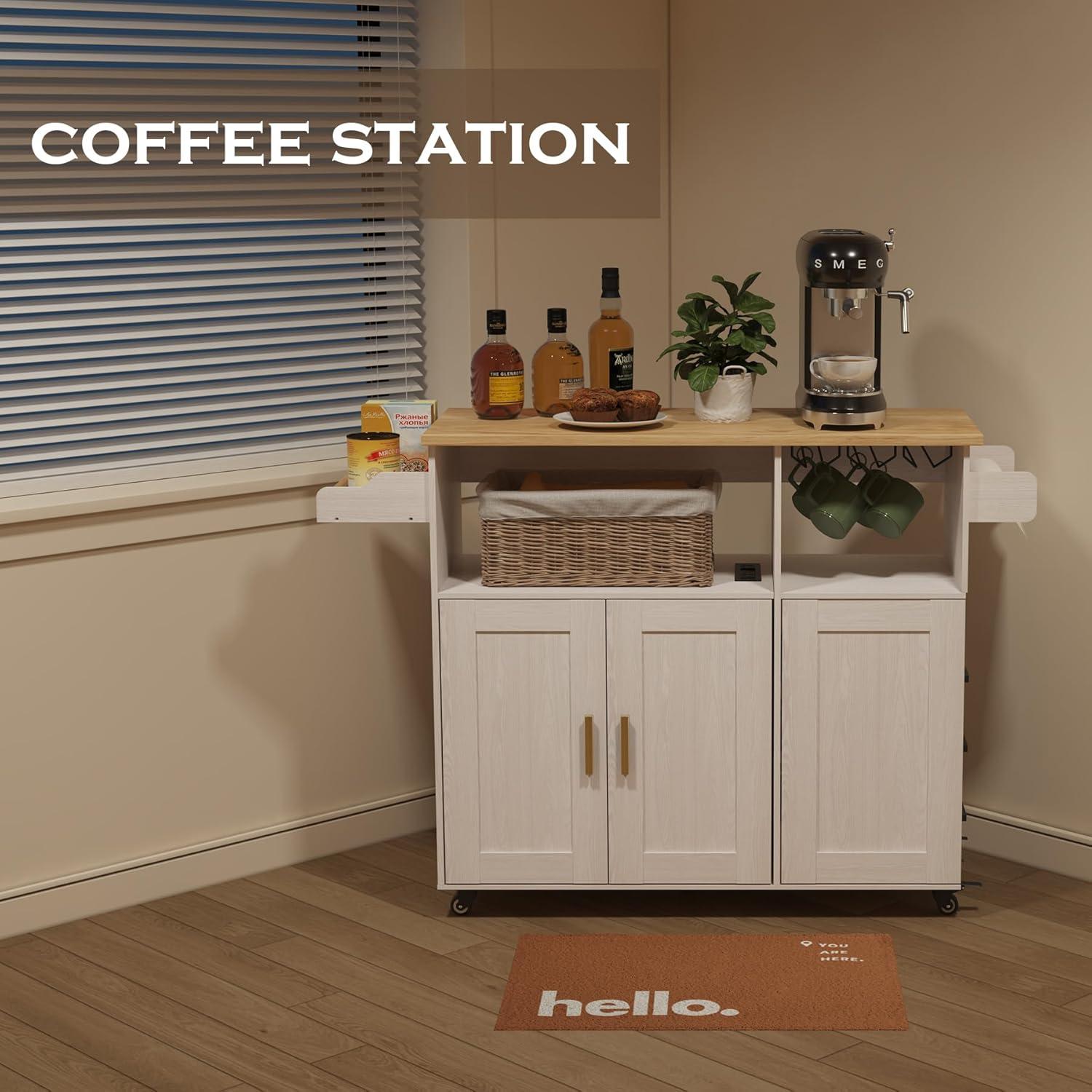 Gzxs Kitchen Island Cart with Rubber Wood Drop Leaf Countertop, Mobile Carts with 2-Doors Storage Cabinet, Rolling Kitchen Table with Spice Rack and Towel Rack, Dining Prep Table on Wheels, White