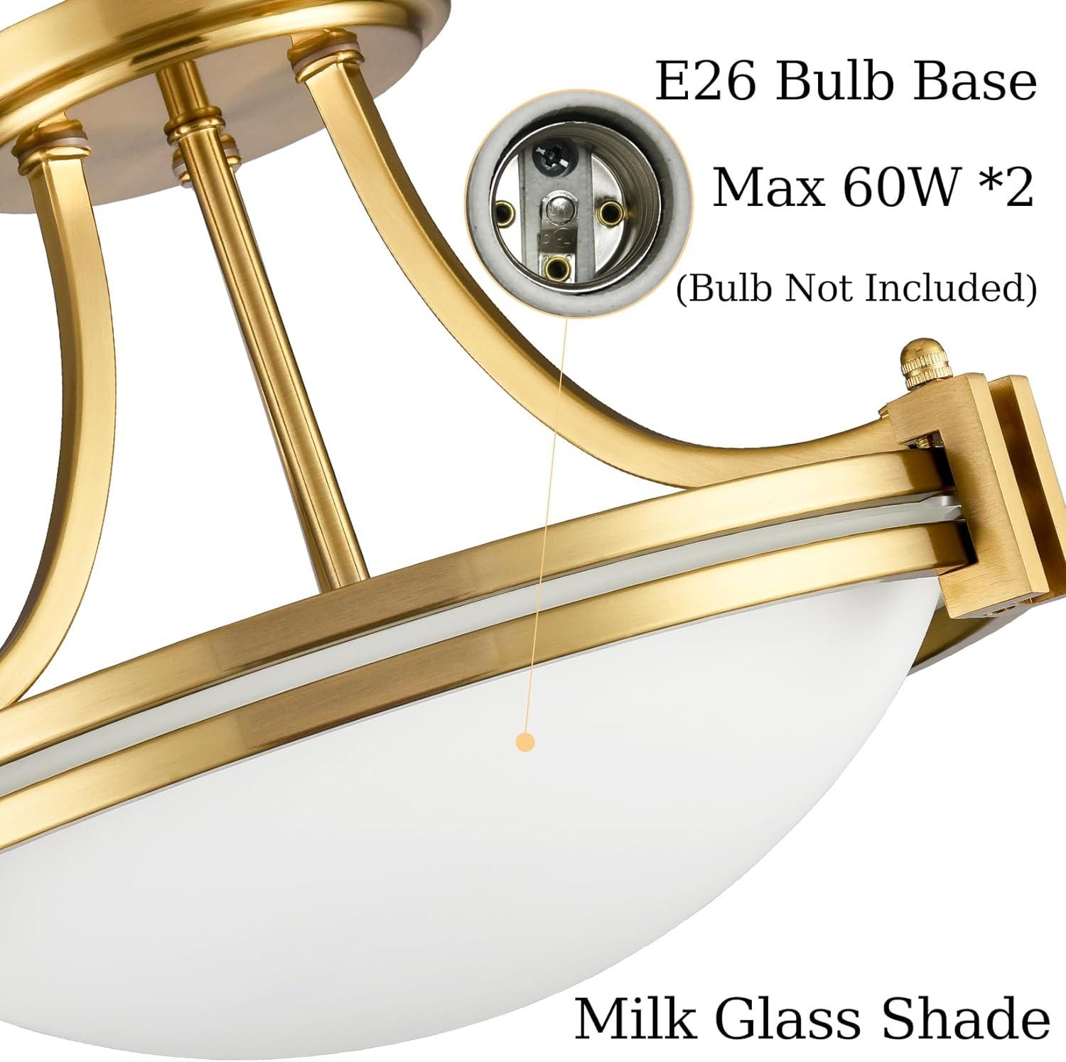 Modern Gold Semi Flush Mount 2-Light Milk Glass Ceiling Light Fixture