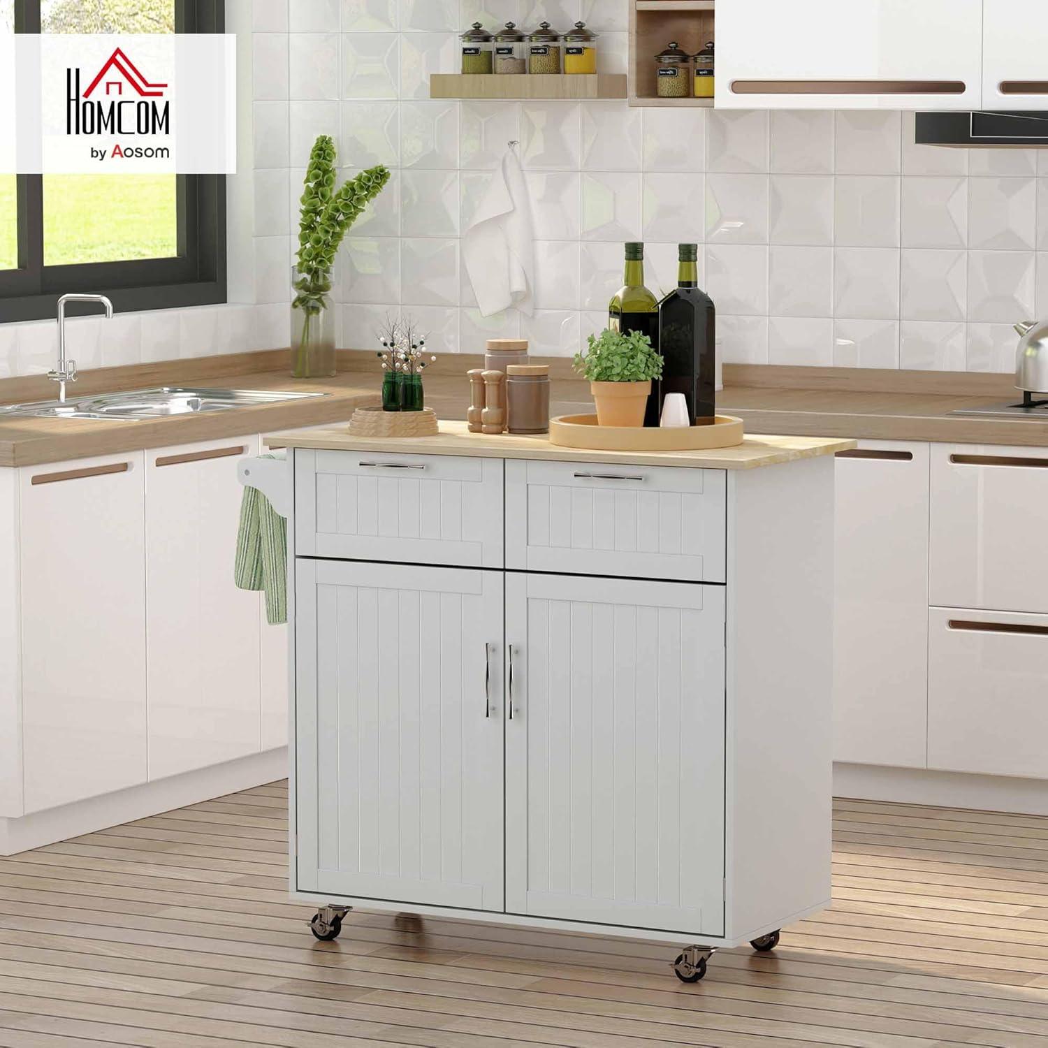 HOMCOM 41" Modern Rolling Kitchen Island on Wheels, Utility Cart Storage Trolley with Rubberwood Top & Drawers, Grey