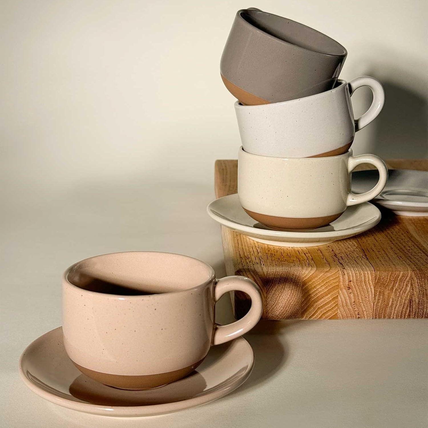 Mora Ceramic 8oz Assorted Neutral Cappuccino Mug Set with Saucers