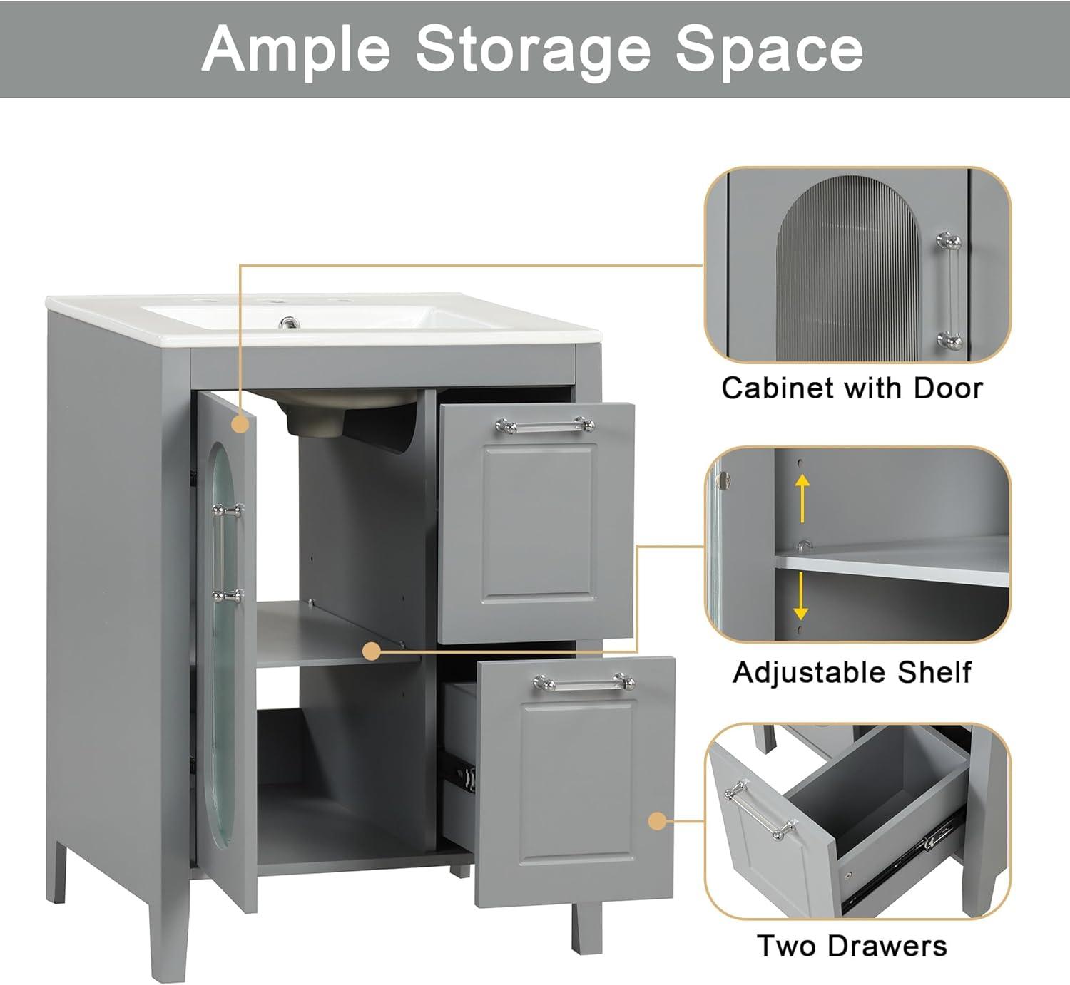 Tryimagine 24" Bathroom Vanity With Sink, Bathroom Vanity Cabinet With Two Drawers And Door, Adjustable Shelf, Solid Wood And MDF
