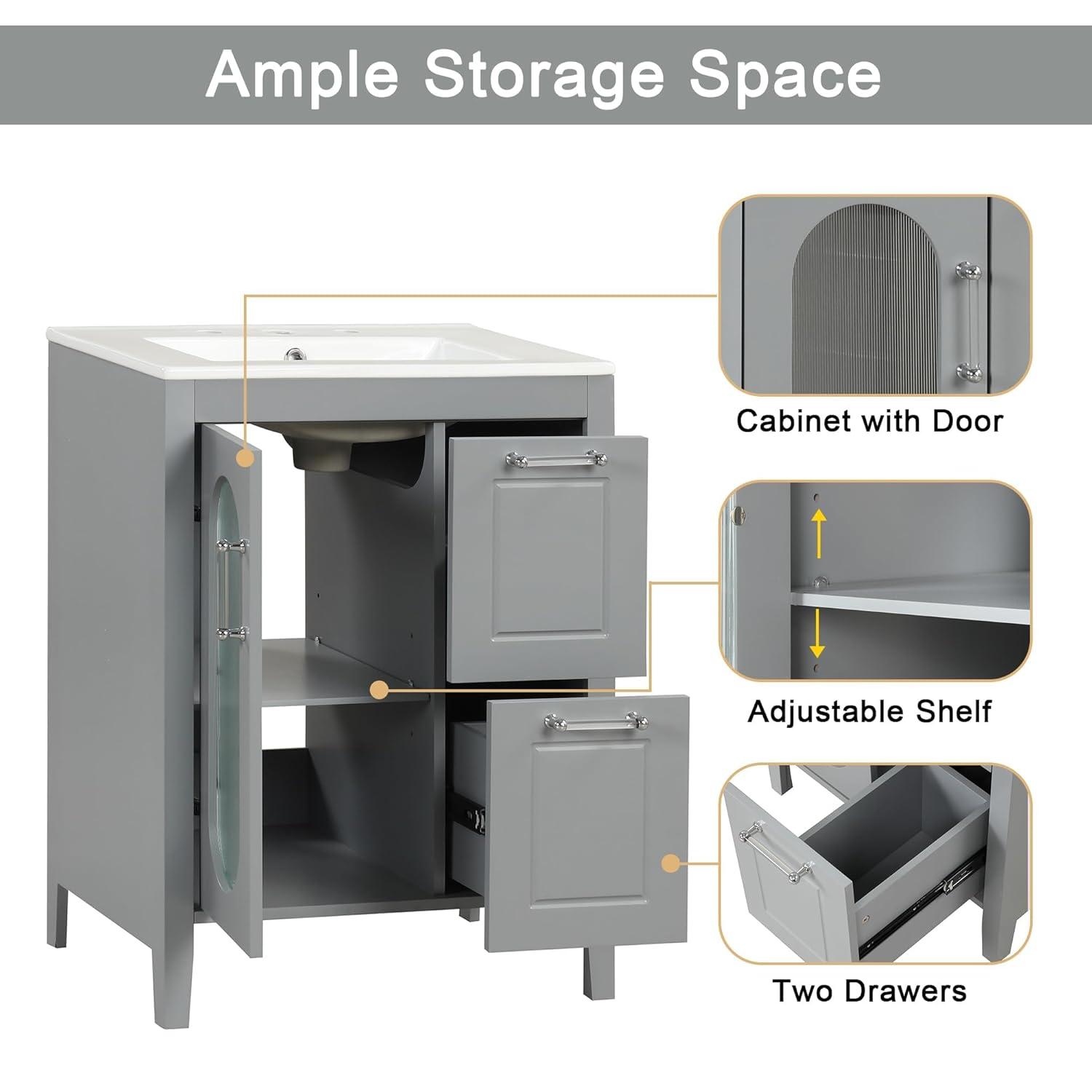 Tryimagine 24" Bathroom Vanity With Sink, Bathroom Vanity Cabinet With Two Drawers And Door, Adjustable Shelf, Solid Wood And MDF