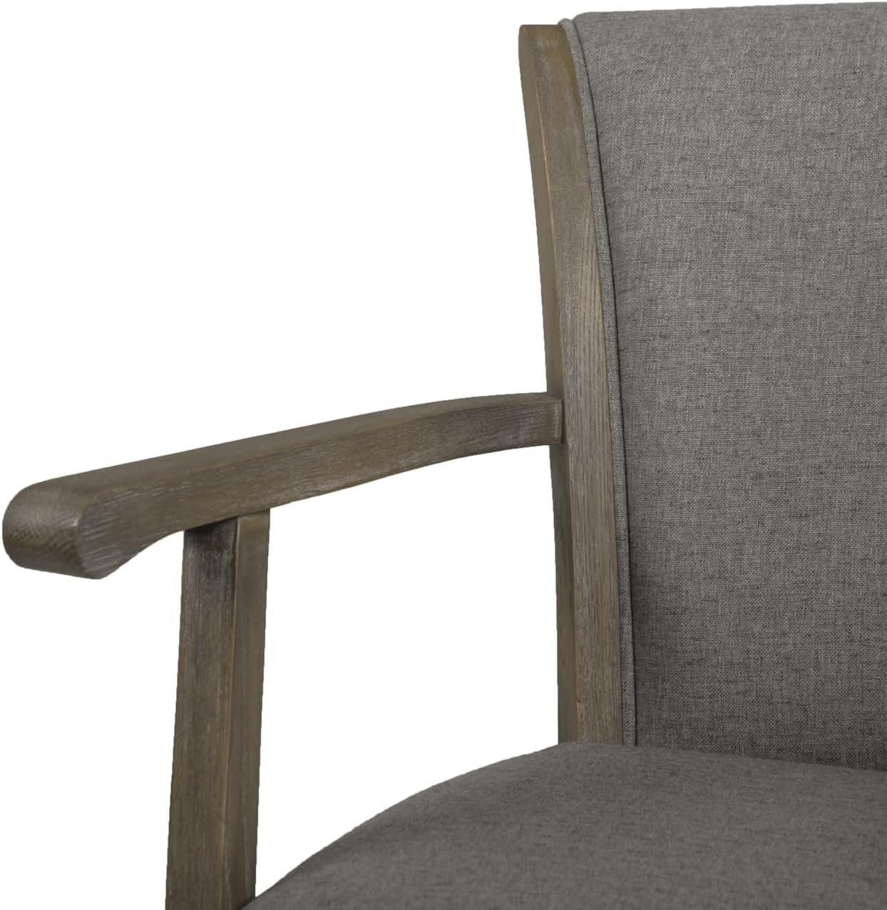 Distressed Wood Swivel Bar Stool with Gray Leather Cushion and Armrests