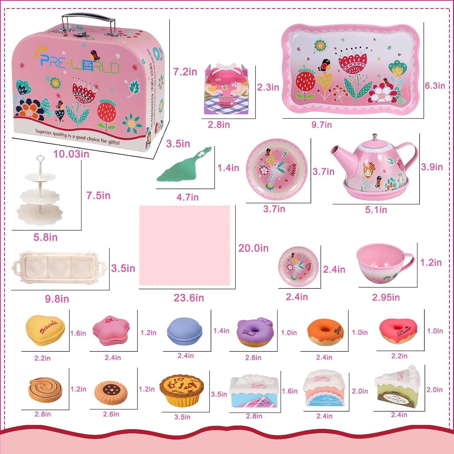 PRE-WORLD Tea Party Set for Little Girls, Princess Tea Time Toy Including Dessert,Cookies,Doughnut,Teapot Tray Cake, Tablecloth & Carrying Case,Kids Kitchen Pretend Play for Girls Boys Age 3-6