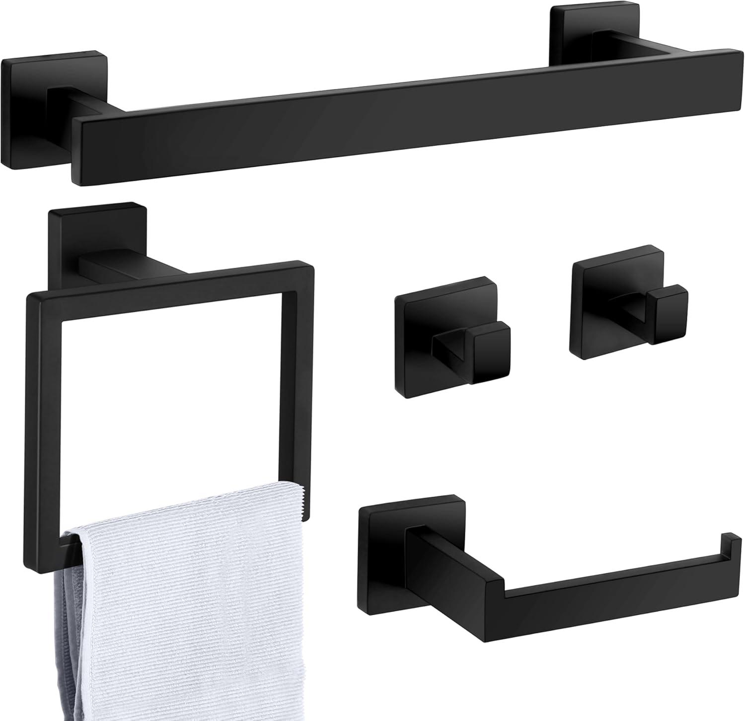 5 Pieces Square Matte Black Stainless Steel Bathroom Accessories Set Include 23.6 in Towel Bar, Toilet Paper Holder, Towel Ring, 2 Robe Towel Hooks