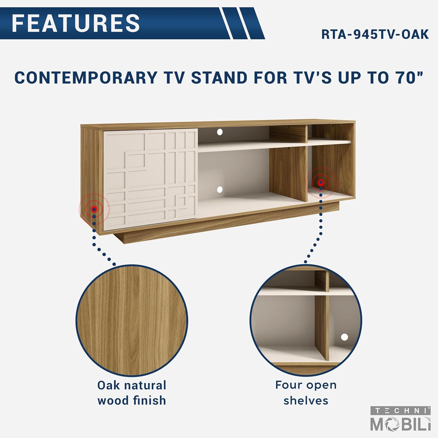 Techni Mobili Contemporary TV Stand for TVs up to 70" Oak: Modern Entertainment Center with Storage, Cable Management