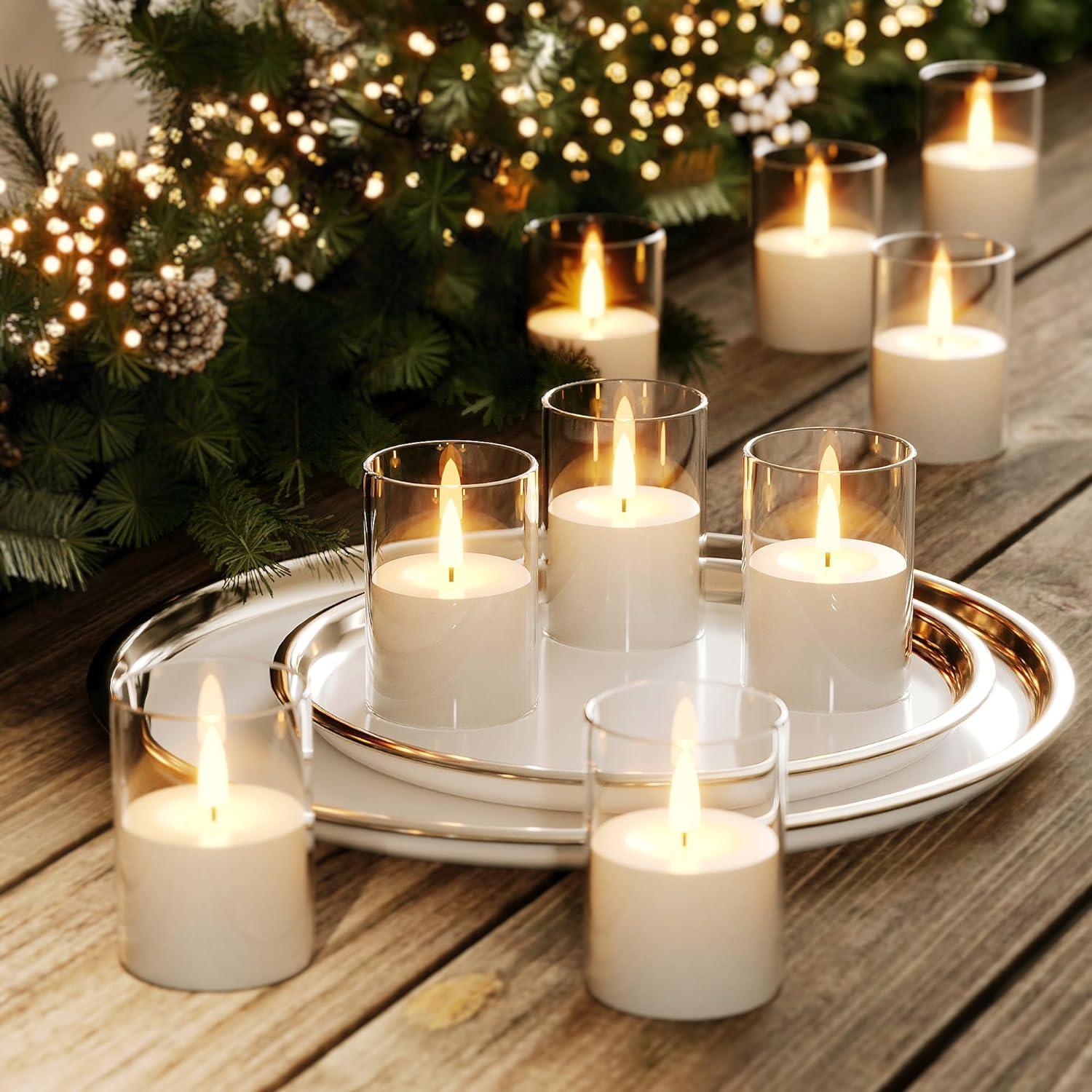 12Pack Flickering Flameless LED Candles with Timer, Battery Powered - Small Pillar & Votive, Clear (2"X3")