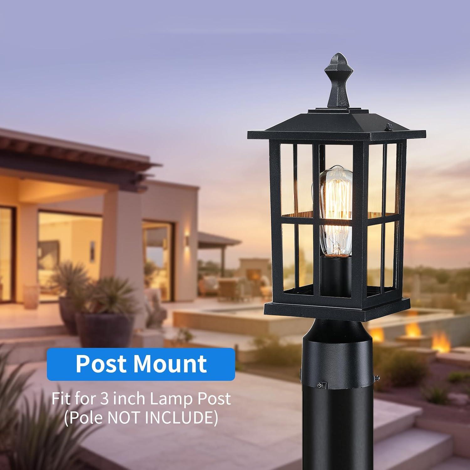 Black Aluminum Outdoor Post Light with Seeded Glass Shade