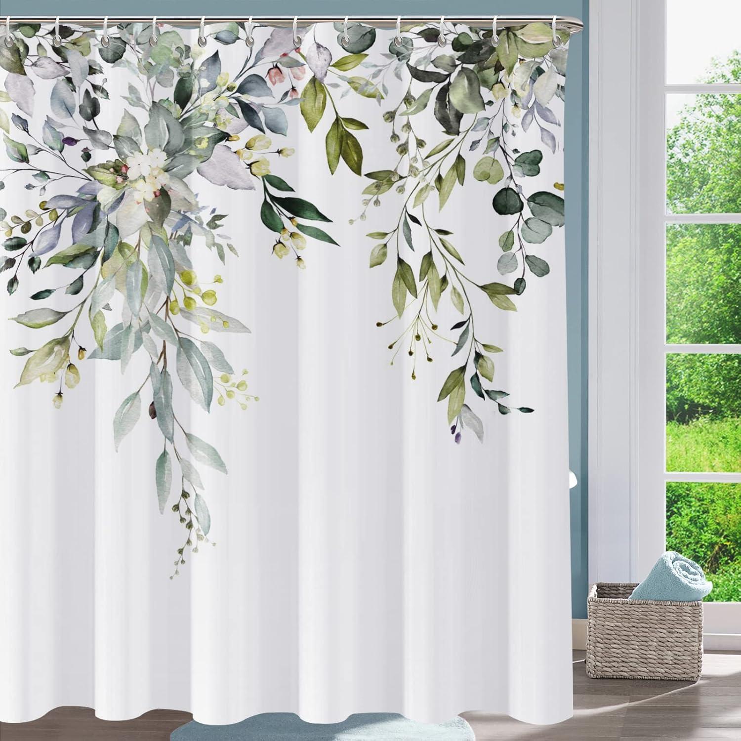 Eucalyptus Watercolor Leaves Semi-Sheer Waterproof Shower Curtain