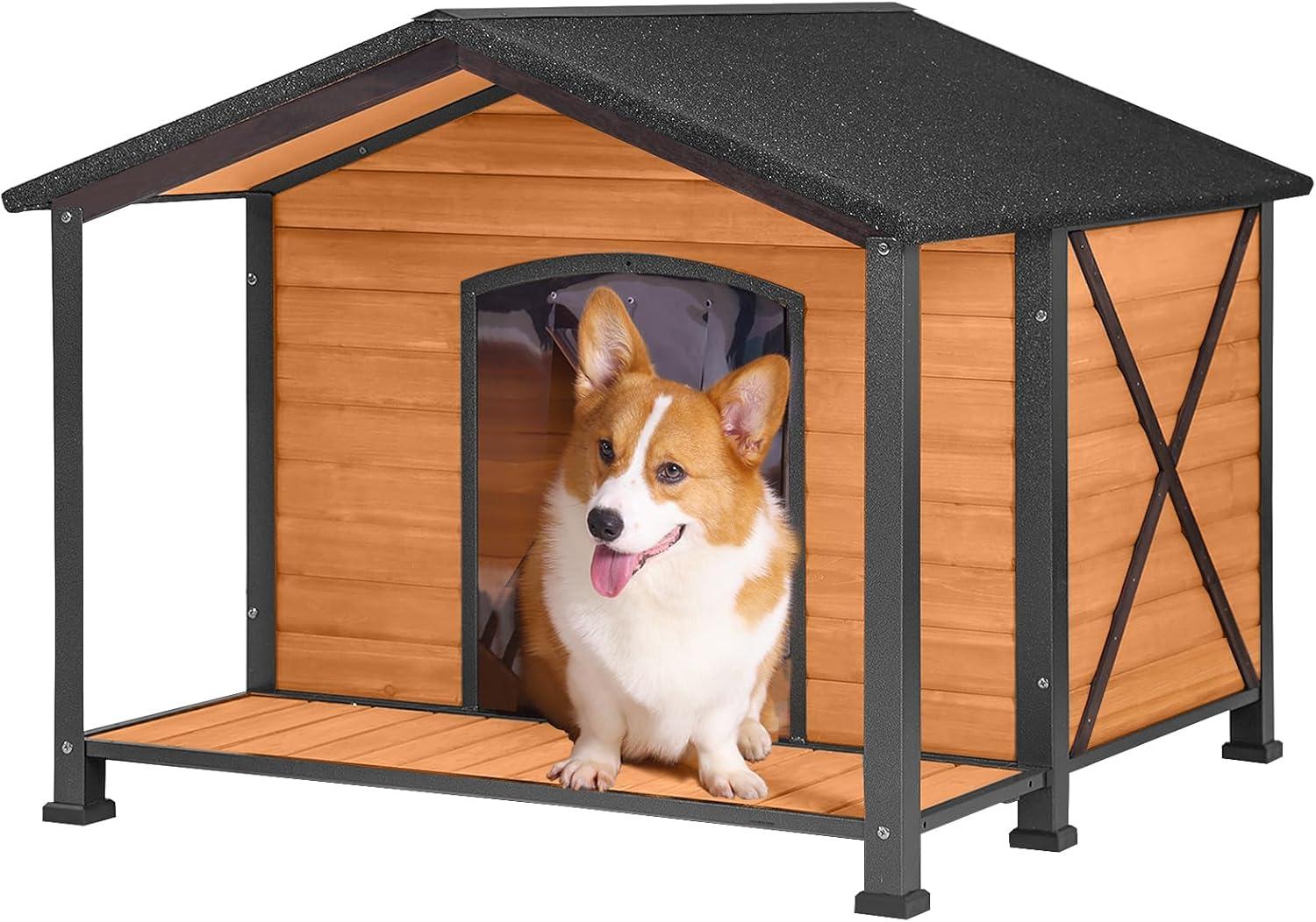 Large Brown Wooden Dog House with Metal Frame and Porch