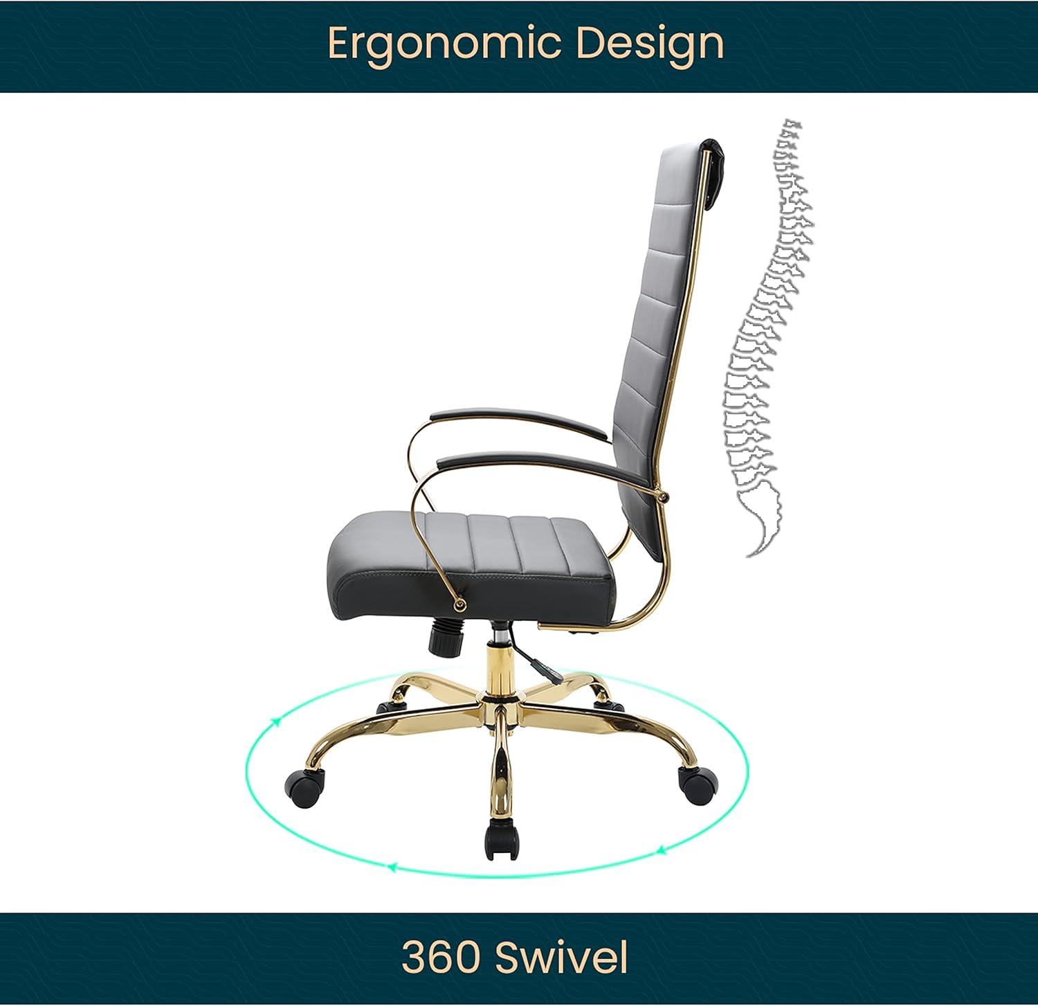 LeisureMod Benmar High-Back Leather Office Chair with Swivel, Tilt, Adjustable Height, Ergonomic Design for Home Office, Study, or Workspace