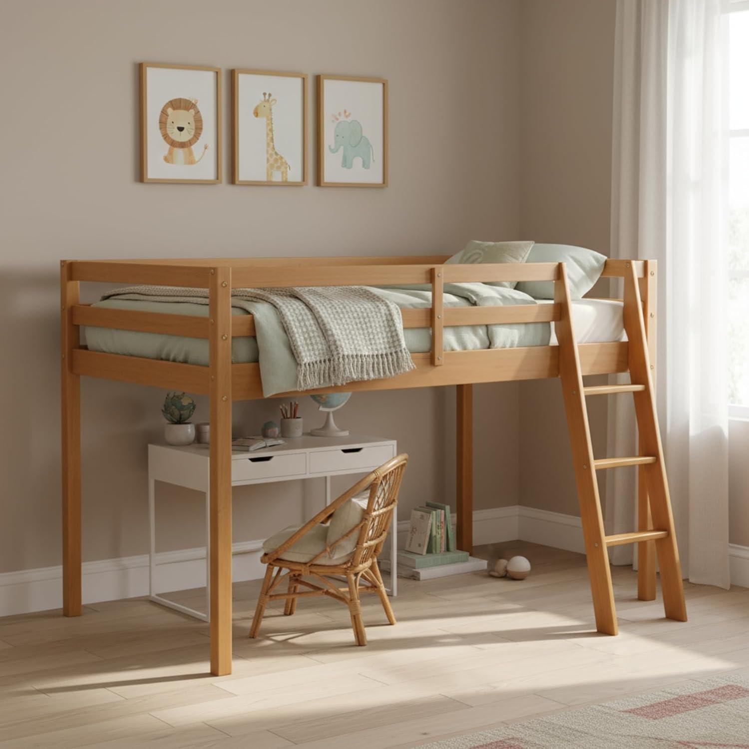 Kwinana Roxy Twin Size Junior Wood Loft Bed, Sturdy Wooden Frame for Kids - Includes Built-in Side Desk & Open Shelving for Storage, Children's Furniture