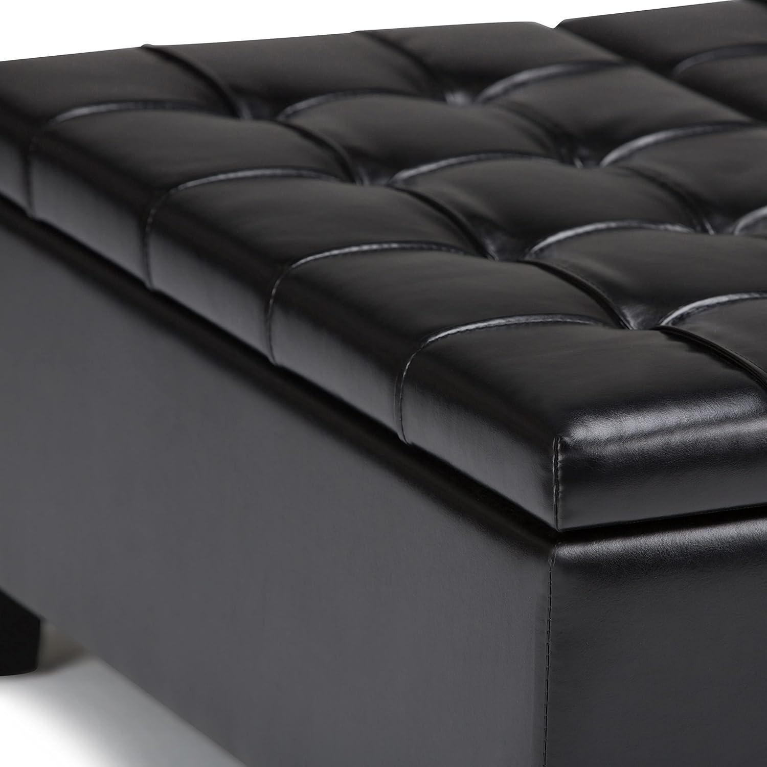 Midnight Black Tufted Faux Leather 36" Square Storage Ottoman