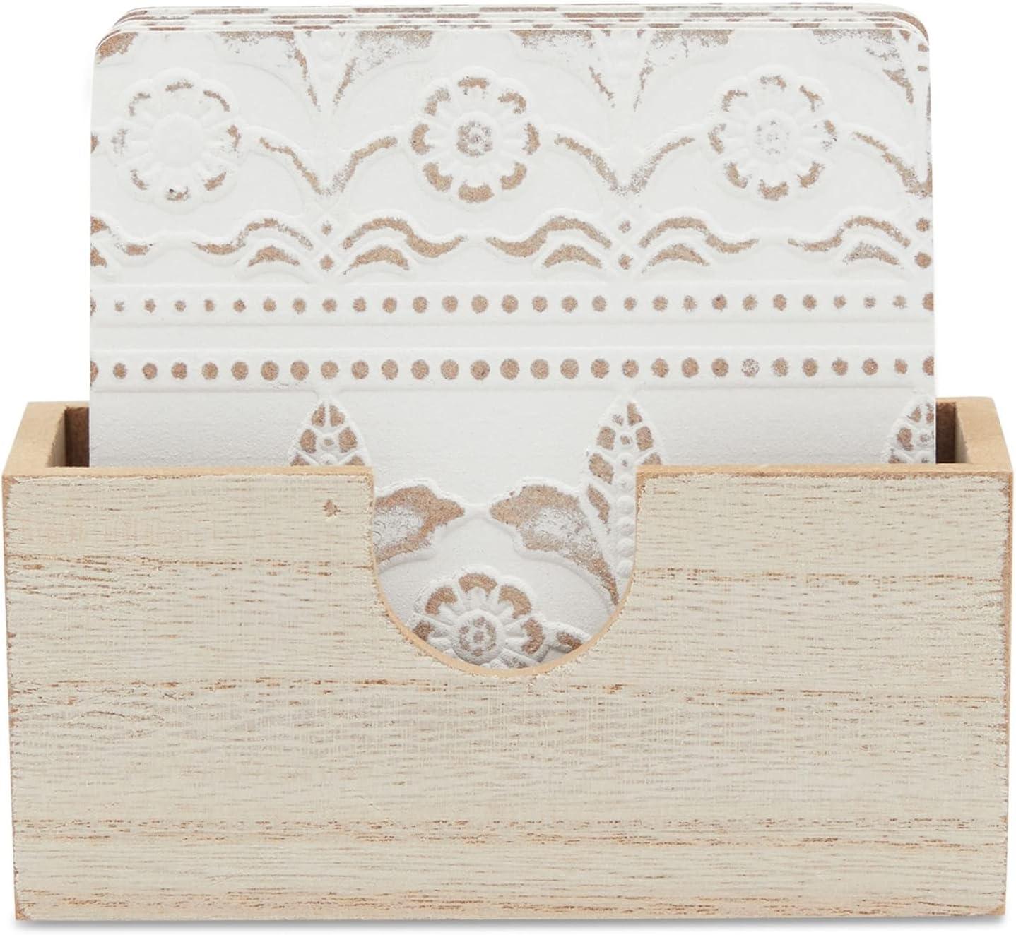 White Floral Wooden Coasters with Holder, Set of 6