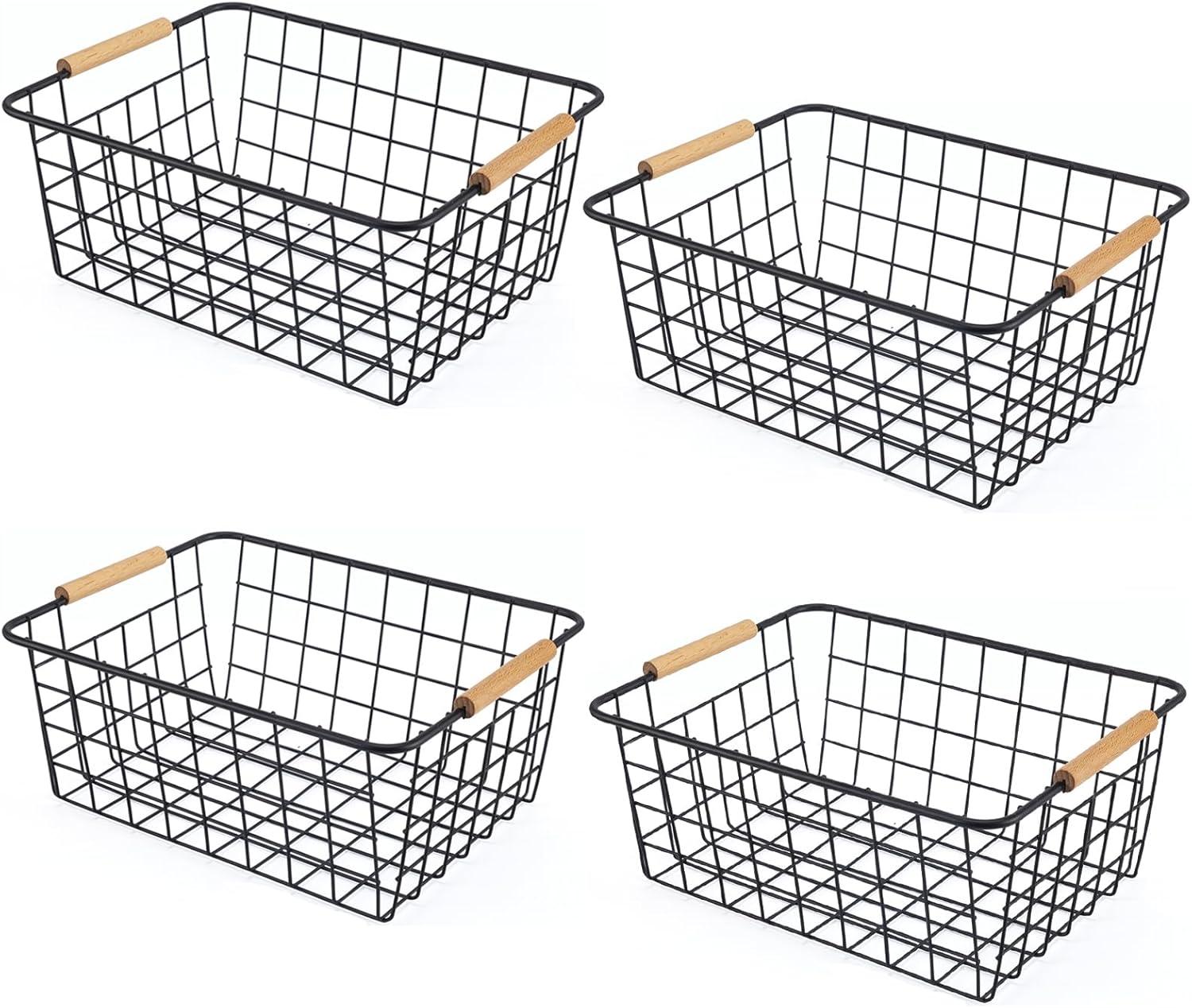 Wire Basket 2 Pcs Wire Storage Baskets Wire Baskets Organizing with Wooden Handles Wire Basket Pantry Organization and Storage Metal Wire Food Storage Basket for Kitchen, Cabinets (White 2PCS)