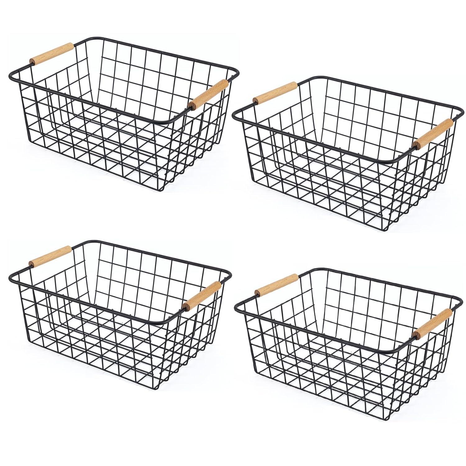 Wire Basket 2 Pcs Wire Storage Baskets Wire Baskets Organizing with Wooden Handles Wire Basket Pantry Organization and Storage Metal Wire Food Storage Basket for Kitchen, Cabinets (White 2PCS)
