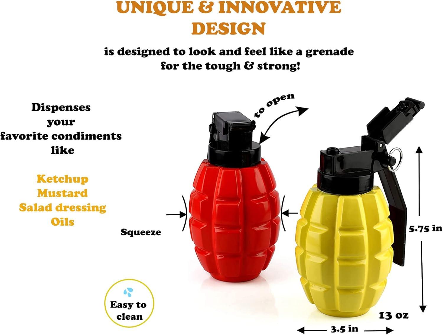 Caliber Gourmet Condiment Dispenser Set. Grenade Shape for BBQ Grill, Camping & Picnics, Ketchup Mustard Bundle Set, Red & Yellow, Home & Kitchen,Tactical Combat Design,Squeeze Bottles, Christmas Gift