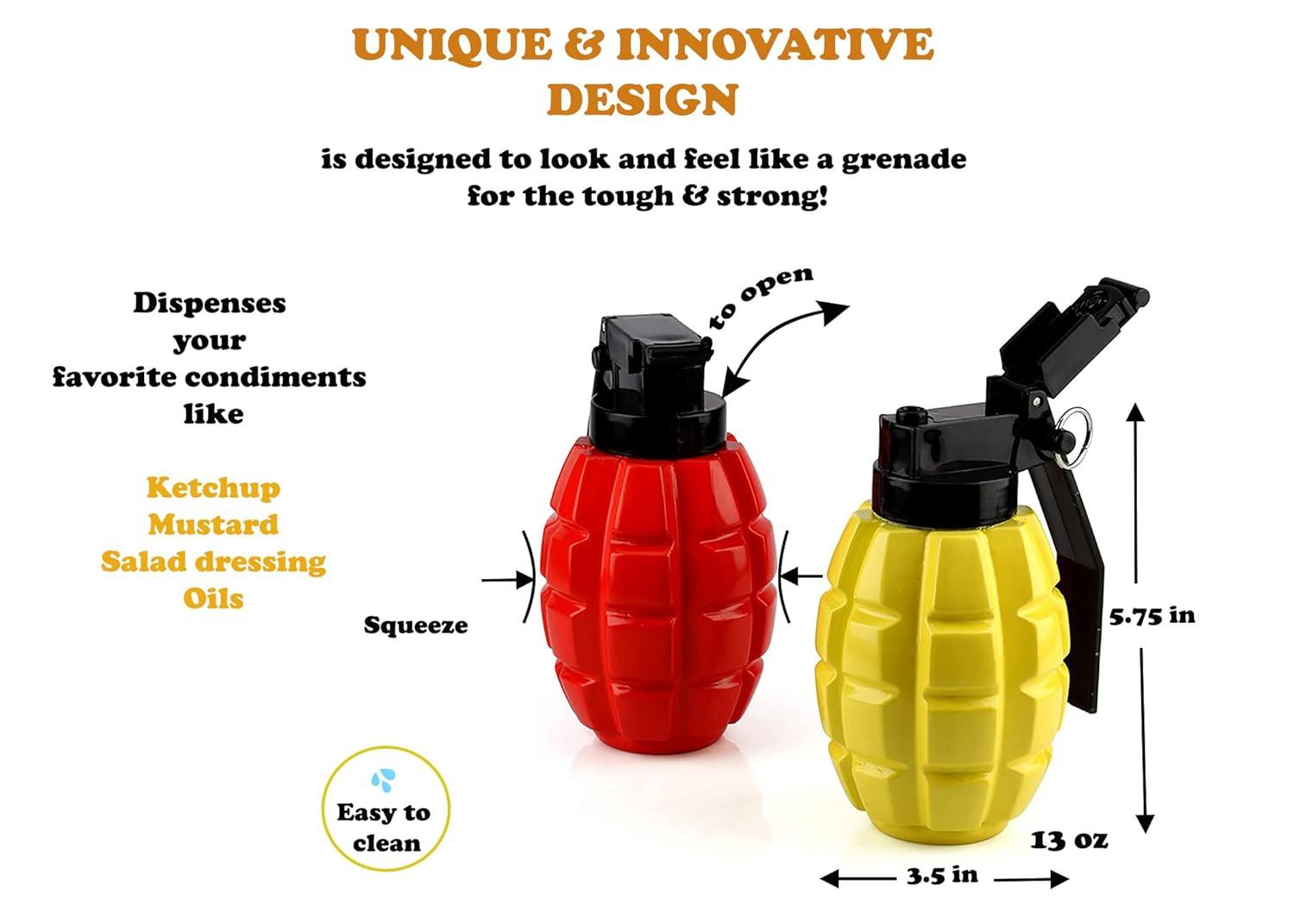 Caliber Gourmet Condiment Dispenser Set. Grenade Shape for BBQ Grill, Camping & Picnics, Ketchup Mustard Bundle Set, Red & Yellow, Home & Kitchen,Tactical Combat Design,Squeeze Bottles, Christmas Gift