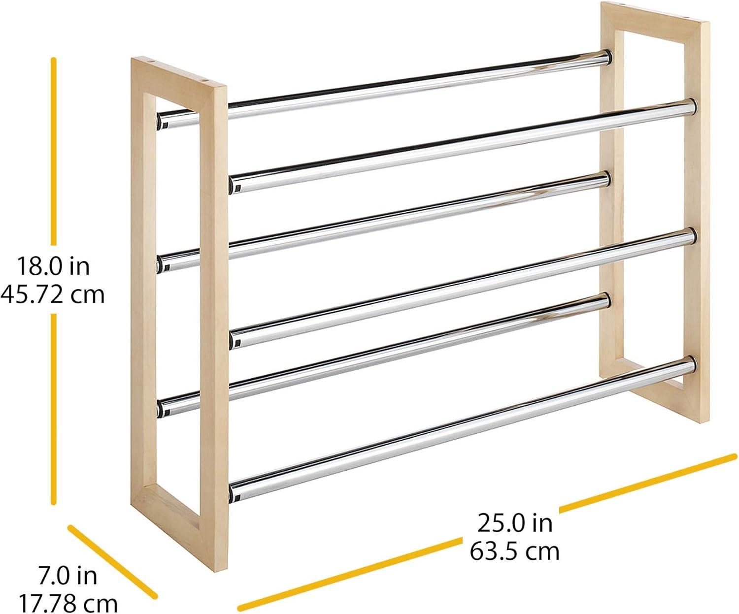 Whitmor 3-Tier Expandable Stackable 18 Pair Shoe Rack, Metal and Wood, Natural Wood and Chrome