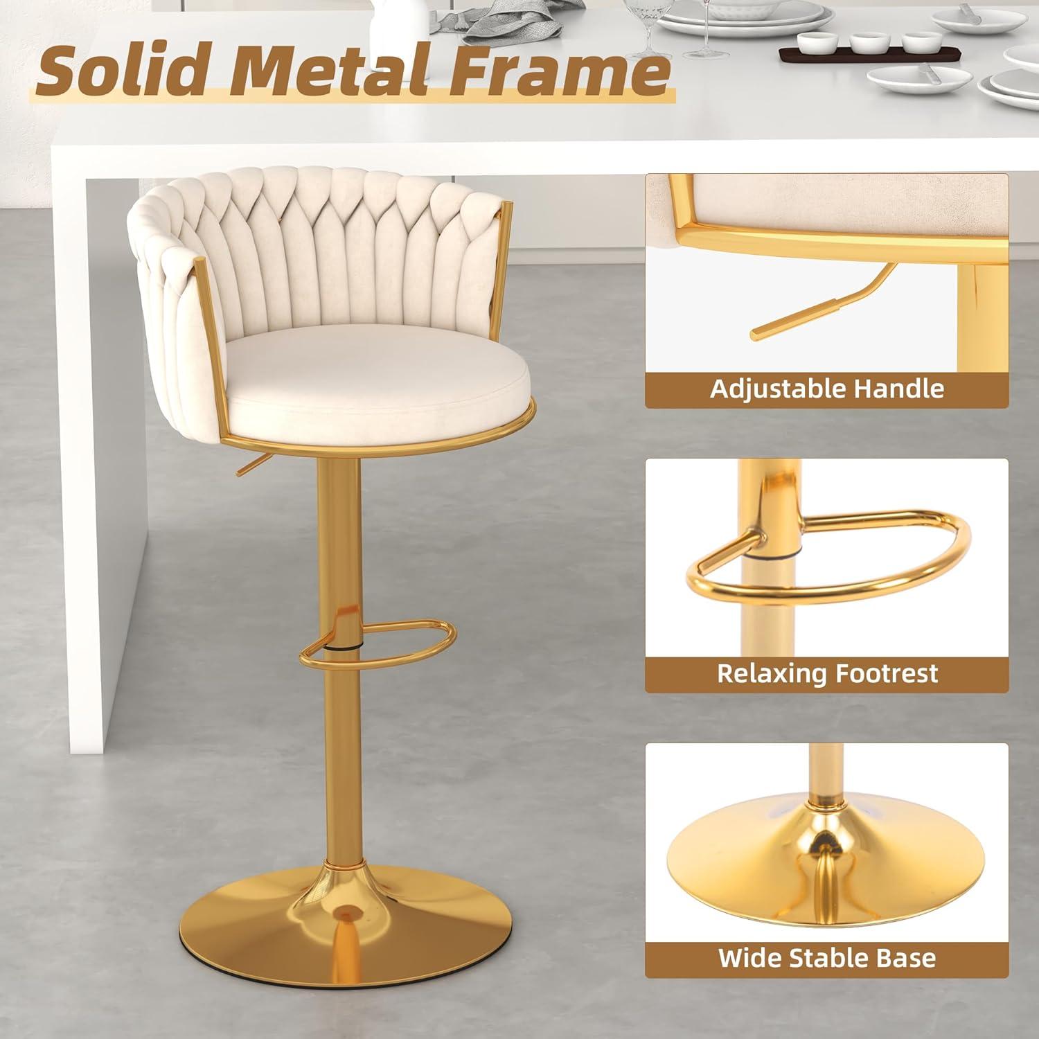 Counter Height Stools Set of 2, Velvet Bar Stools with 27 Inches Upholstered Seat Height, Handmade Woven Back Armrest, Sturdy Golden Metal Legs for Home Dining Pub Kitchen Island, Beige