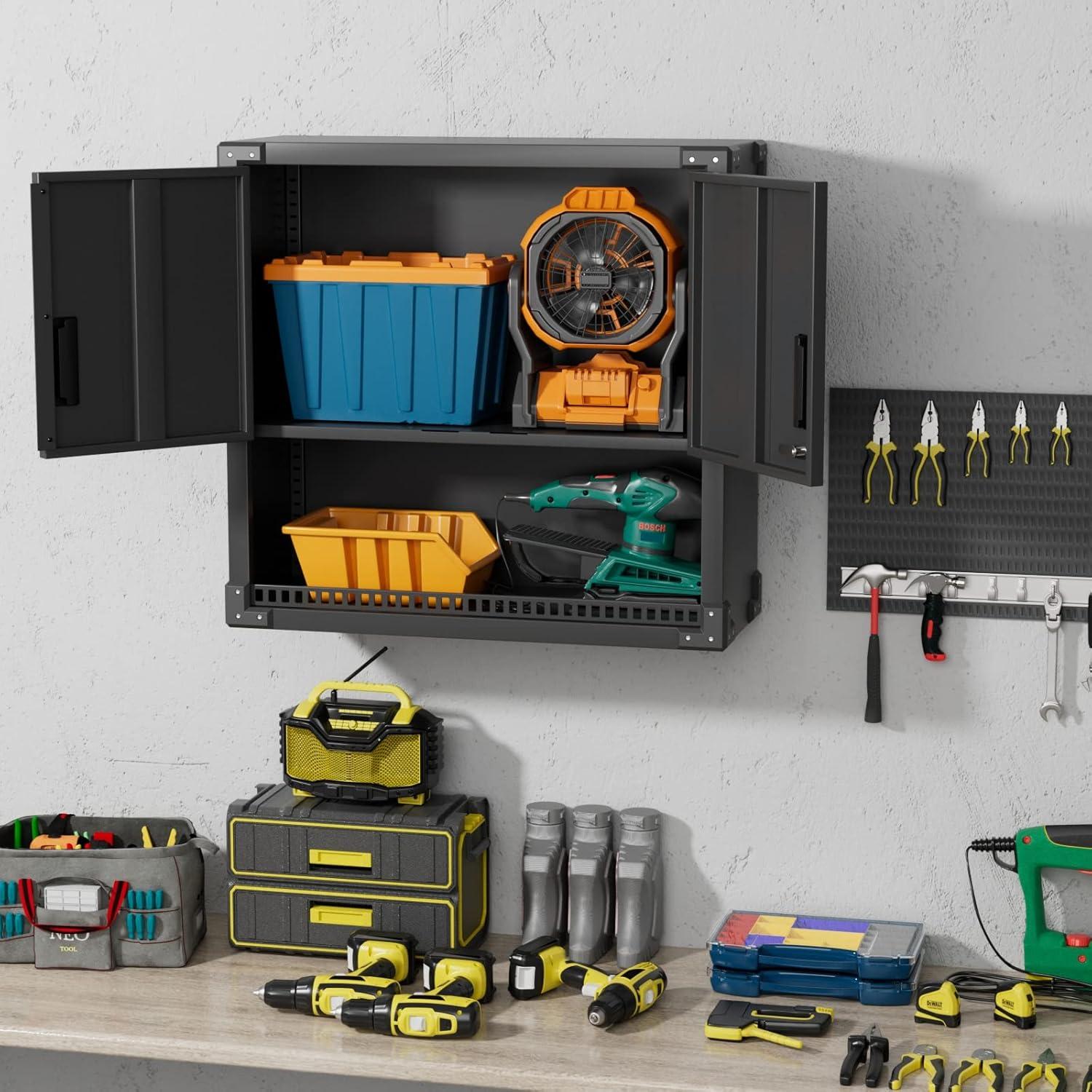 AOBABO Metal Garage Wall Mounted Storage Cabinet with Locking Door, Shelf, and Opened Drawer for Warehouse and Office Organization, Black