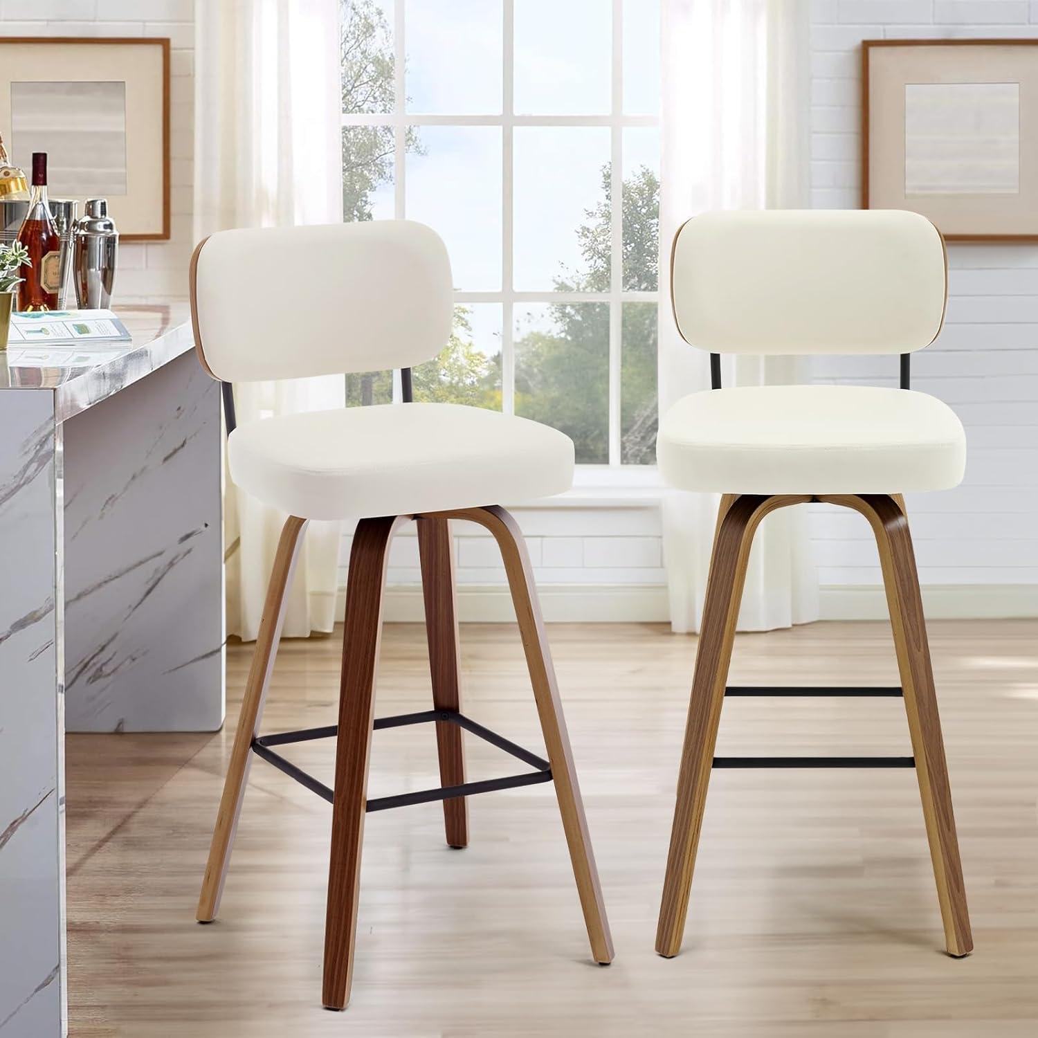 Lucky Monet 26"/29" Swivel Bar Stools/ Counter Stools with Bentwood Legs Set of 2 - Cream White-PU Back - Bar Height