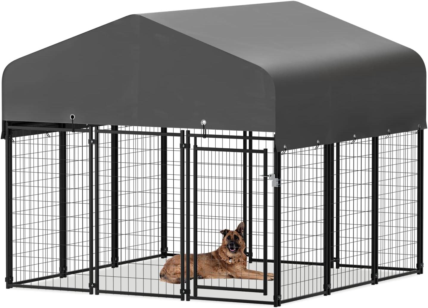 Large Black Steel Outdoor Dog Kennel with Waterproof Cover