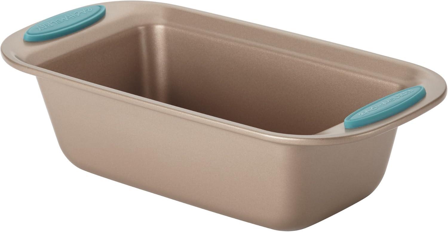 Latte Brown Nonstick Steel Loaf Pan with Blue Handles, 9" x 5"