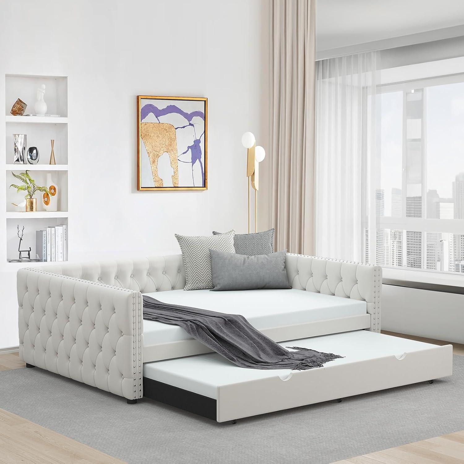 KNeretva Velvet Full Daybed with Twin Trundle, Modern Upholstered Full Size Day Bed Button-Tufted Sofa Daybed Frame (Black)