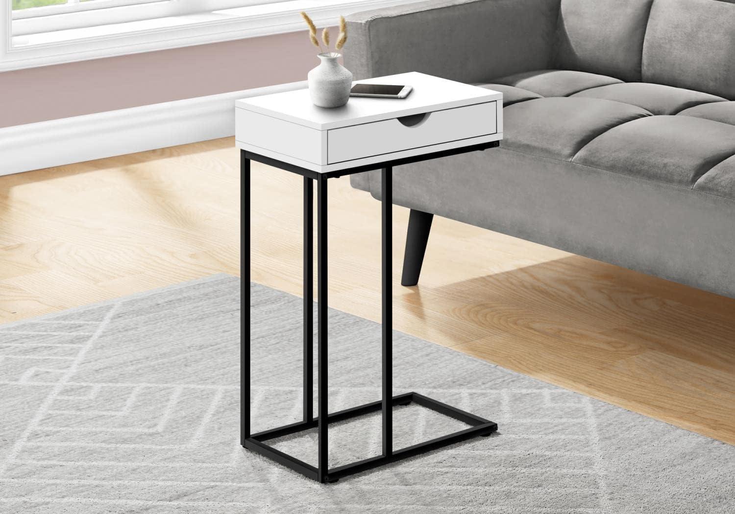 Monarch Specialties Accent Table C-Shaped End Side Snack Storage Drawer Living Room Bedroom Metal Laminate White Black Contemporary Modern