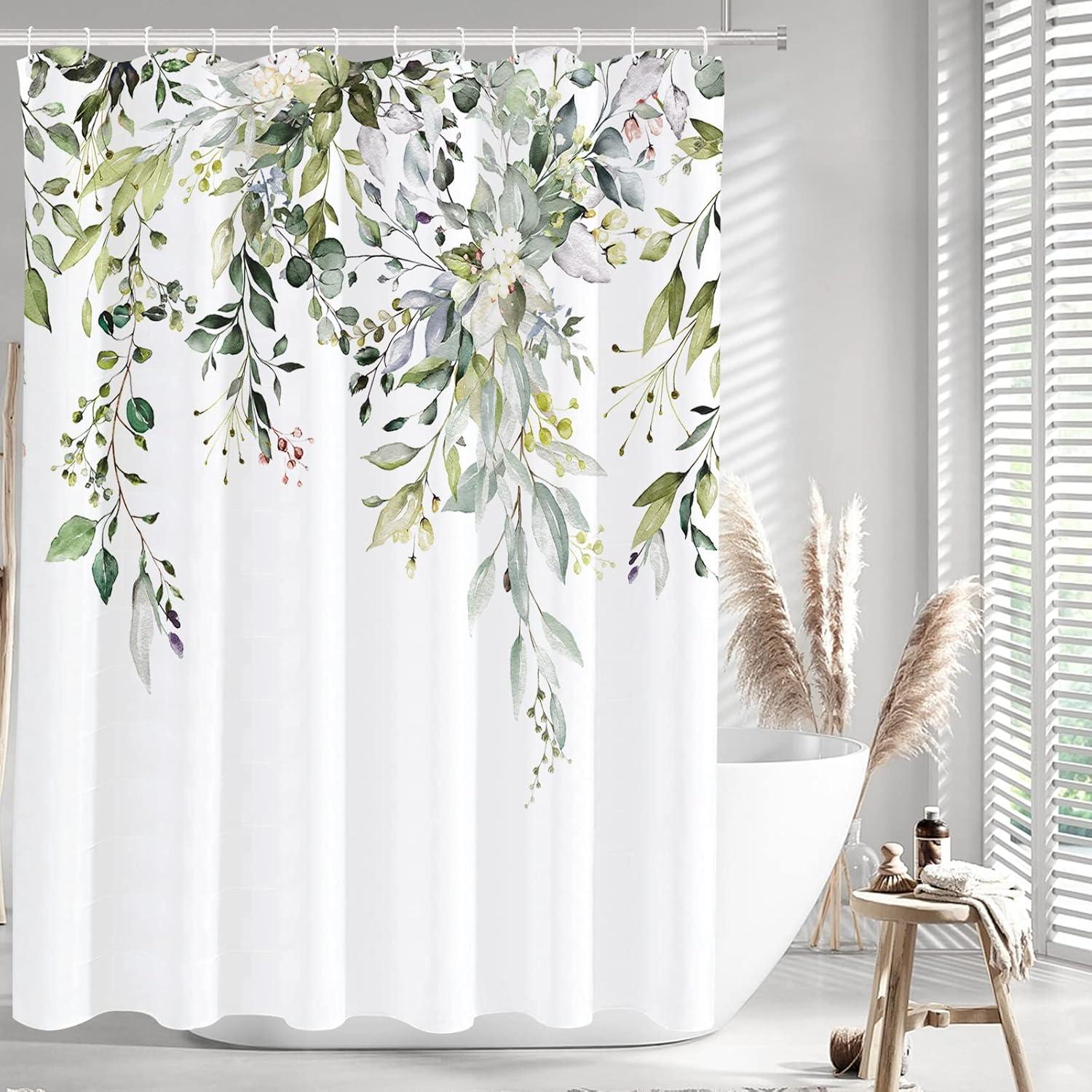 Eucalyptus Watercolor Leaves Semi-Sheer Waterproof Shower Curtain