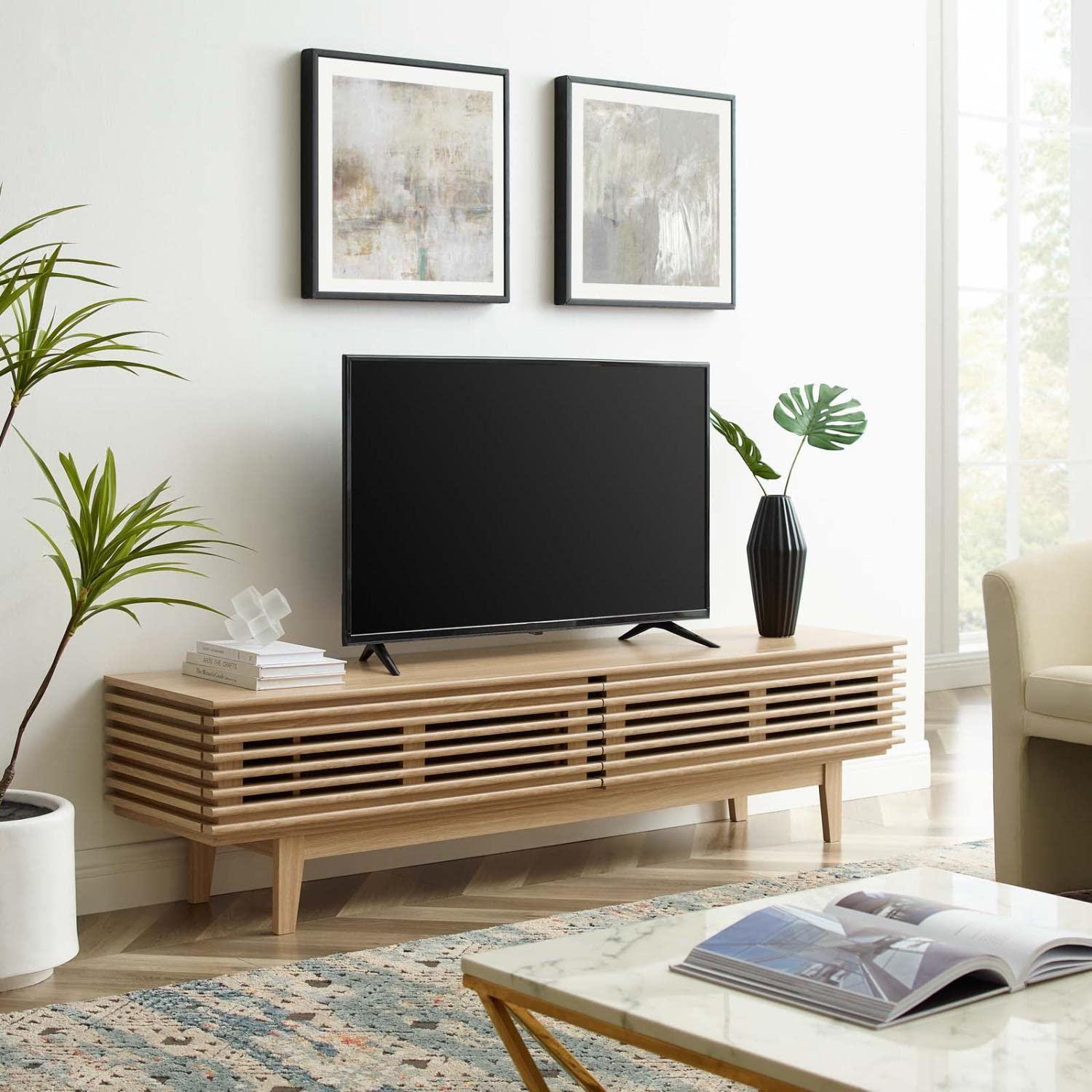 Render TV Stand for TVs up to 80" Brown - Modway: Mid-Century Modern, Adjustable Shelves, Cable Management