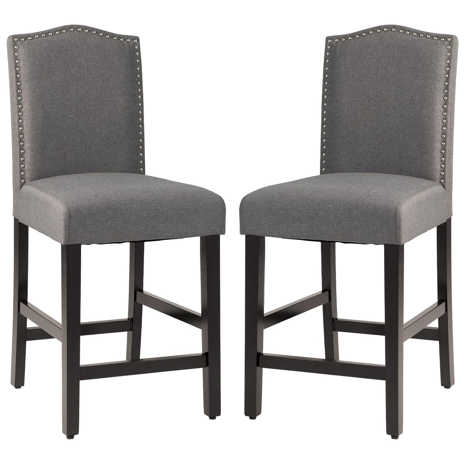 Costway Set of 2 Upholstered Bar stools 25''  Counter  Height Chairs with Rubber Wood Legs Grey