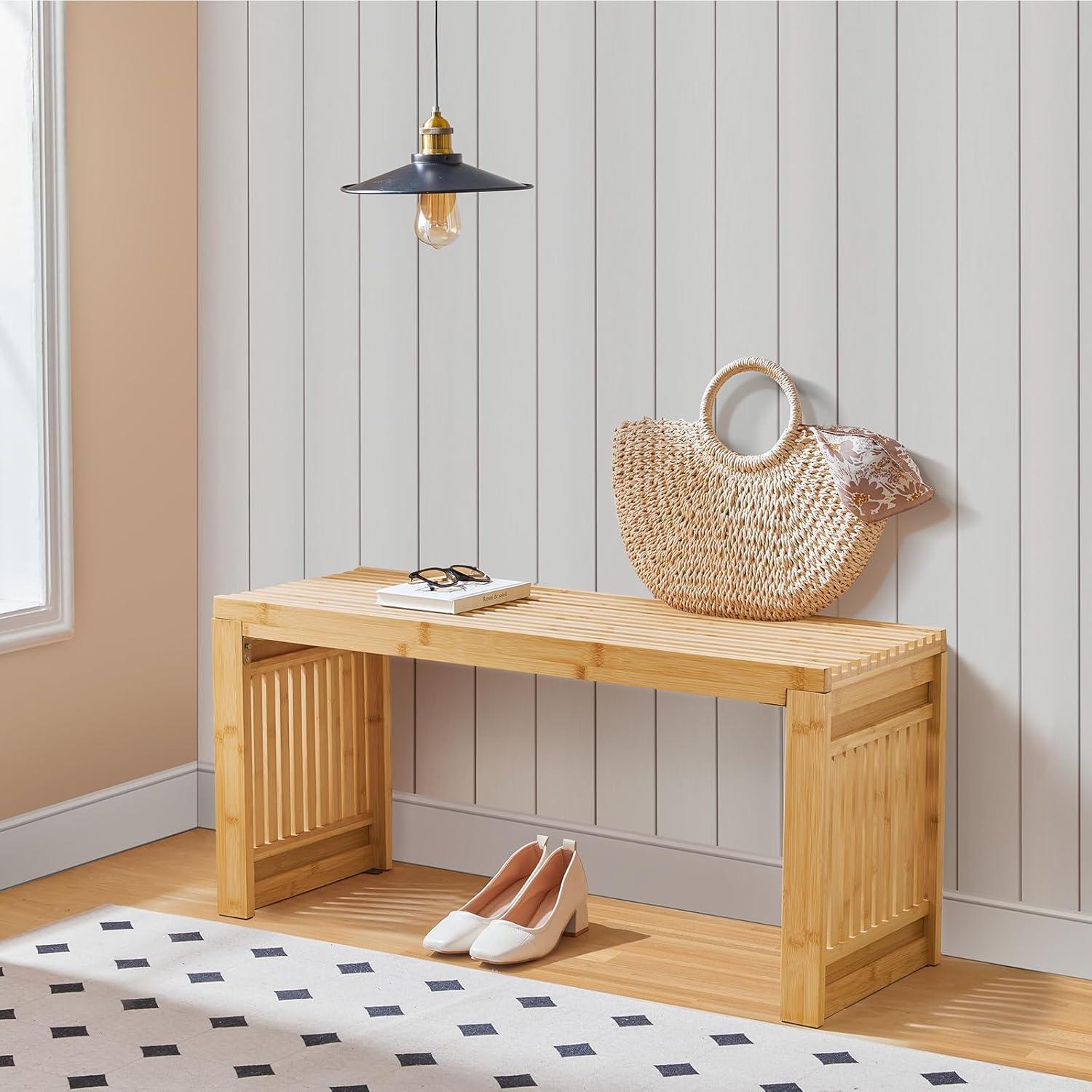 George Oliver Bamboo Dining Bench, 35 Inch Farmhouse Decor Indoor Kitchen Table Bench, Entryway Shoe Rack Bench, Outdoor Bench, Solid Bamboo Benches For Living Room, Hallway, Bedroom, Bathroom