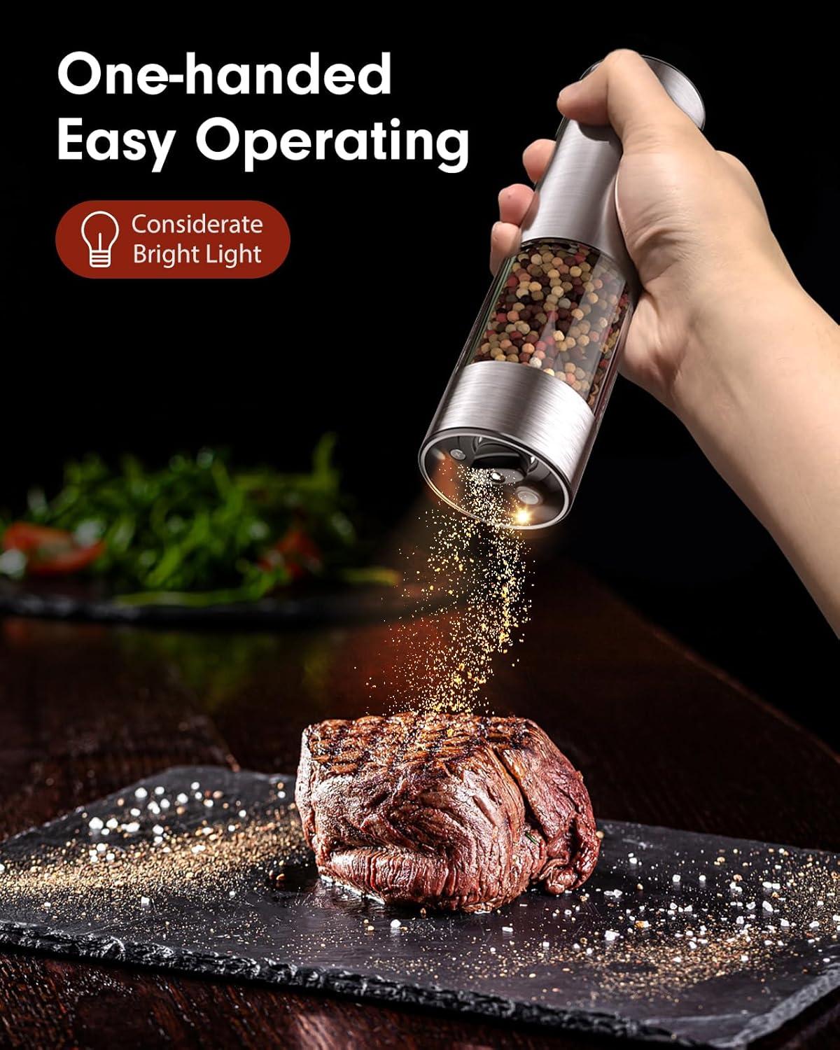 TOMEEM Electric Salt and Pepper Grinder Set Stainless Steel Automatic One Hand Operation Adjustable Coarseness Mill Grinders Shakers & LED Light Refillable