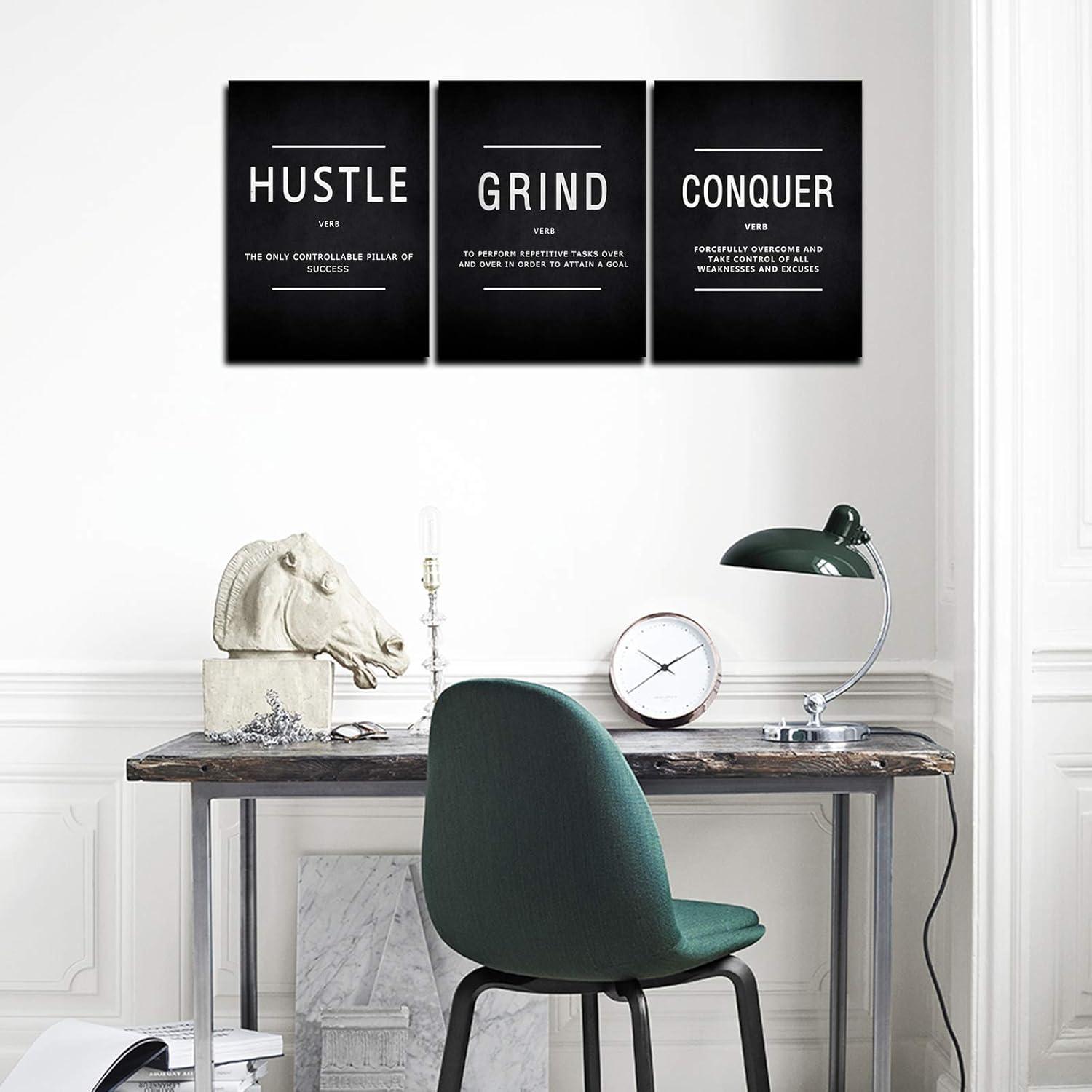 Success Quotes Wall Art, Grind Hustle Conquer Motivation Wall Poster Framed Positive Sayings Wall Hanging Inspirational Quotes for Home Office Workplace - 12x16inx3pcs