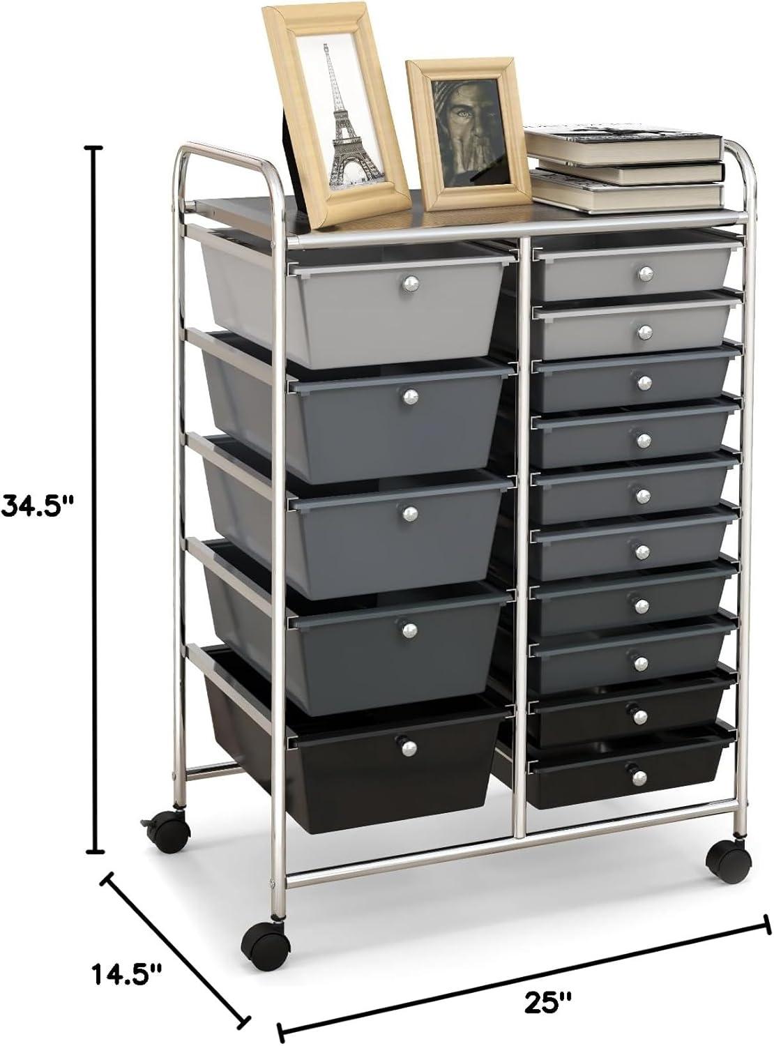 15-Drawers Rolling Storage Cart, Mobile Book Paper Organizer Utility Trolley with Wheels, Ideal for School, Office, Home (Clear)