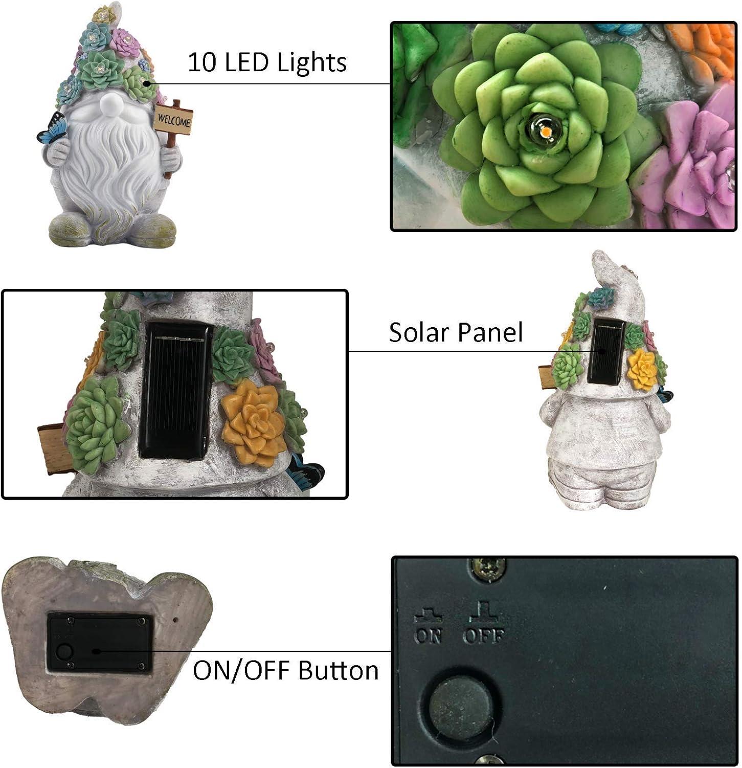 Solar Gnome Garden Statue with LED Lights and Welcome Sign