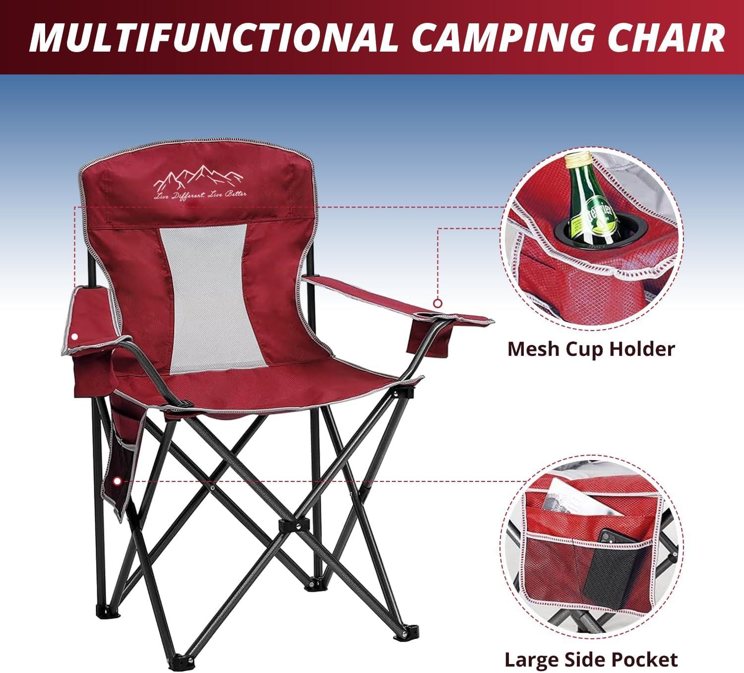 Red Mesh Folding Camping Chair with Cup Holder and Storage Pocket