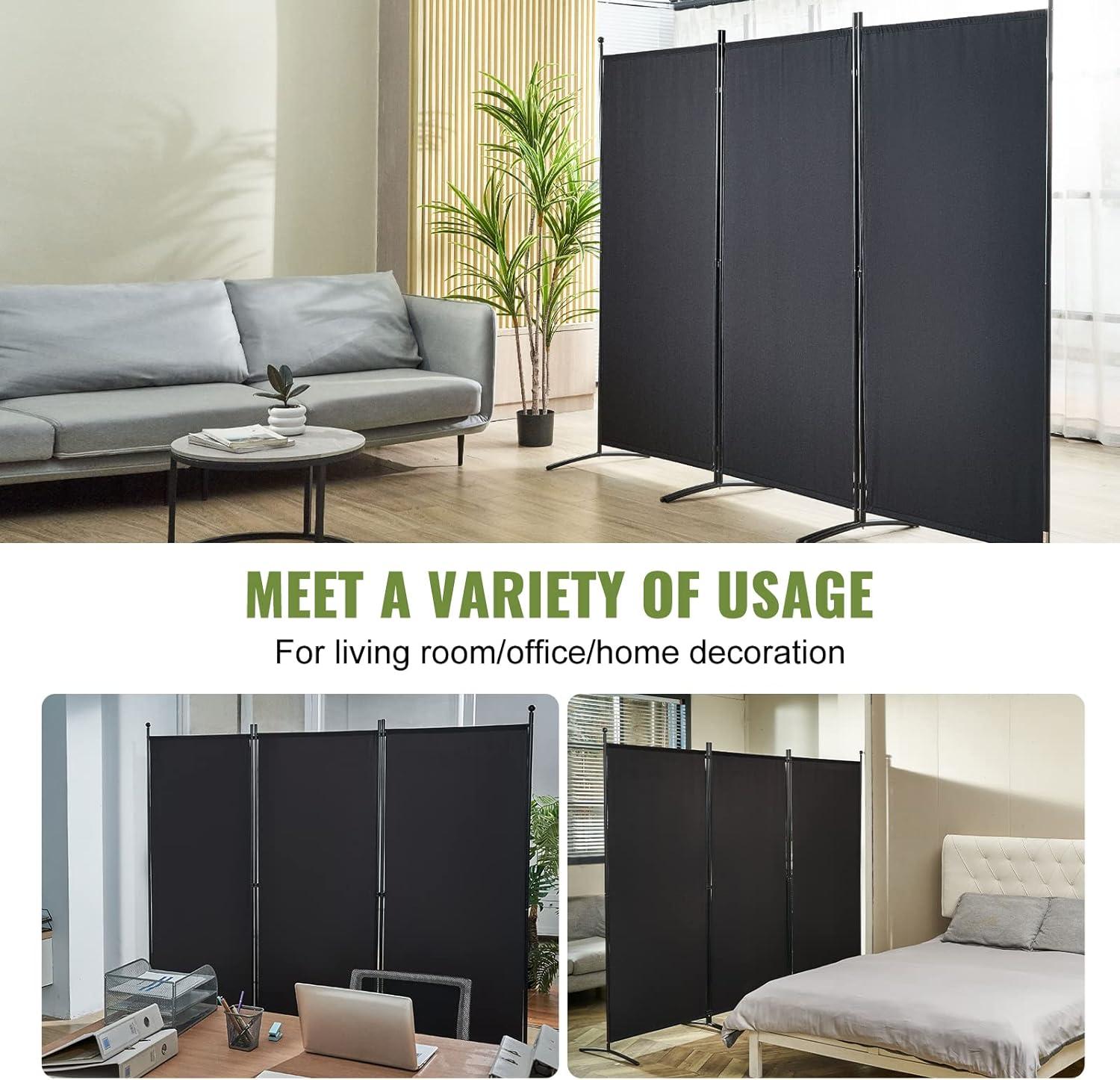 Black 6.1 ft Foldable Fabric 3-Panel Room Divider