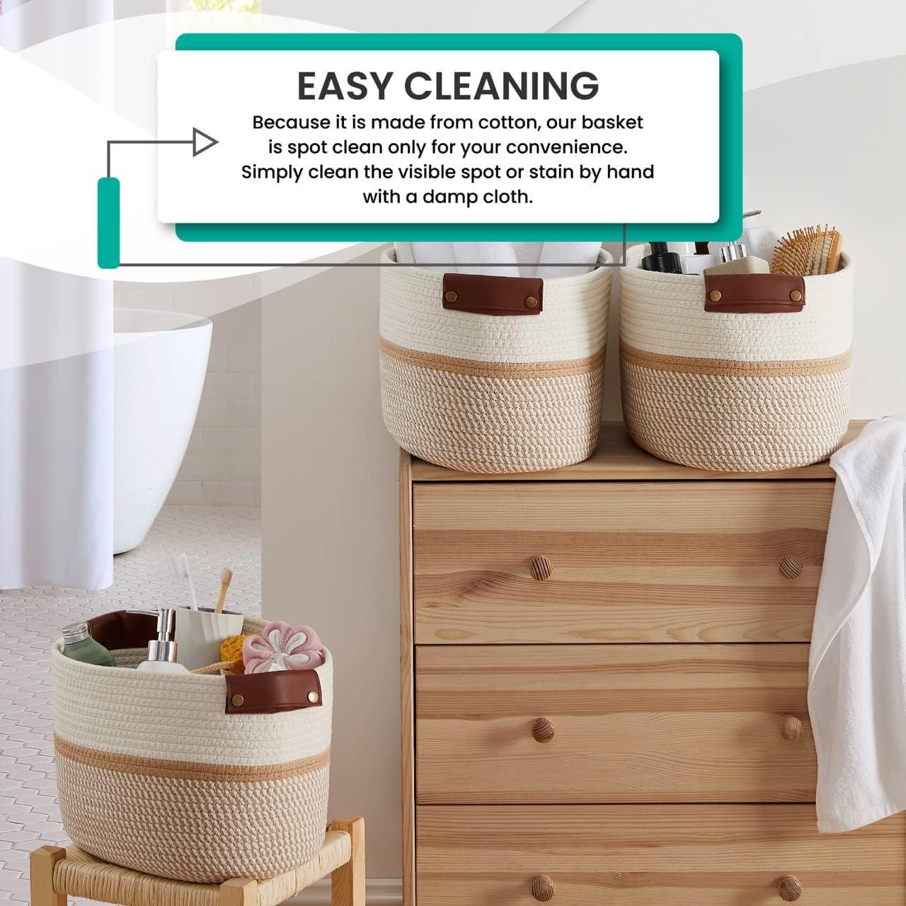 3 Pack Woven Cotton Rope Shelf Storage Basket with Leather Handles, Baby Nursery Storage Bin Organizers, Closet Shelf Storage - 15 x 10 x 9