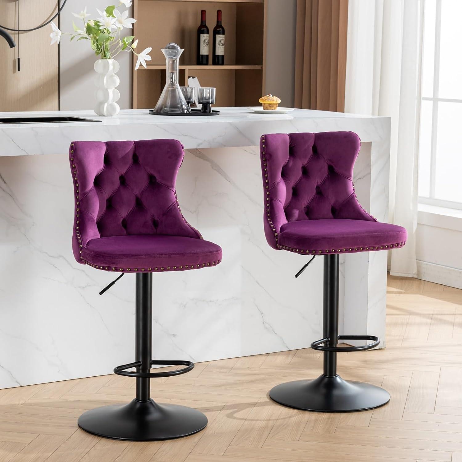 Bar Stools Set of 2, Swivel Barstools with Nailheads Trim, Velvet Button Tufted Back and Black Footrest, Adjustable Counter Height Bar Chairs for Kitchen Island Dining Room Pub, Purple