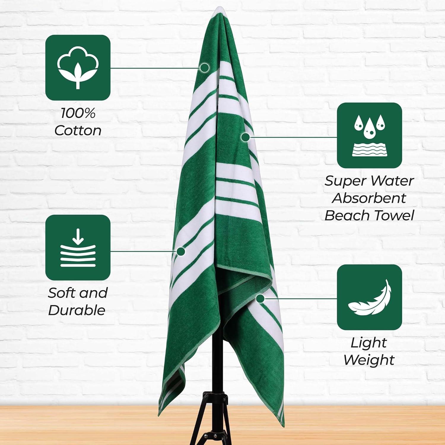 Superior Cotton Striped Oversized Beach Towel, 34" x 64", Dark Green