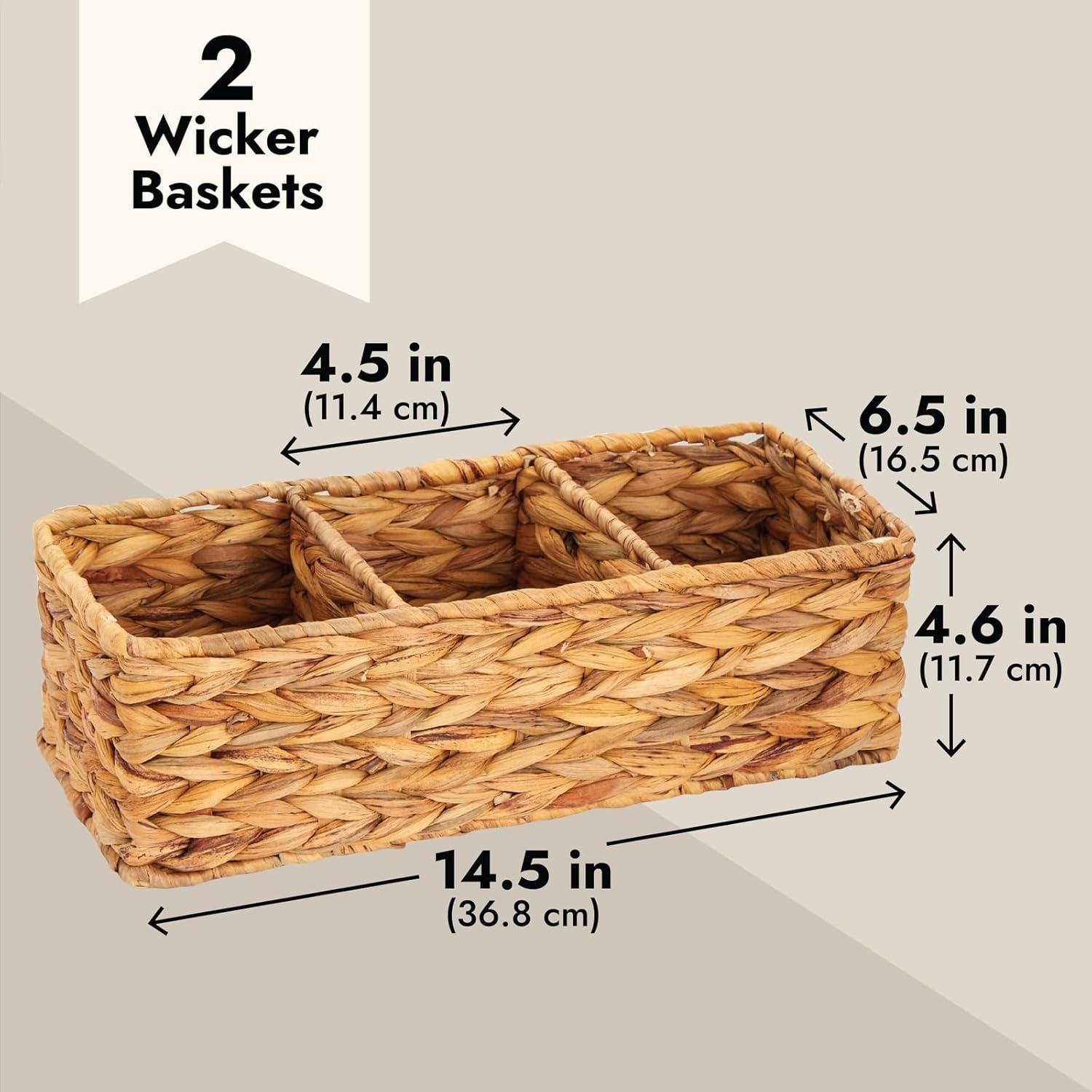 Farmlyn Creek 3-Section Wicker Baskets for Shelves, Water Hyacinth Storage Baskets for Bathroom Organizing, 2-Pack