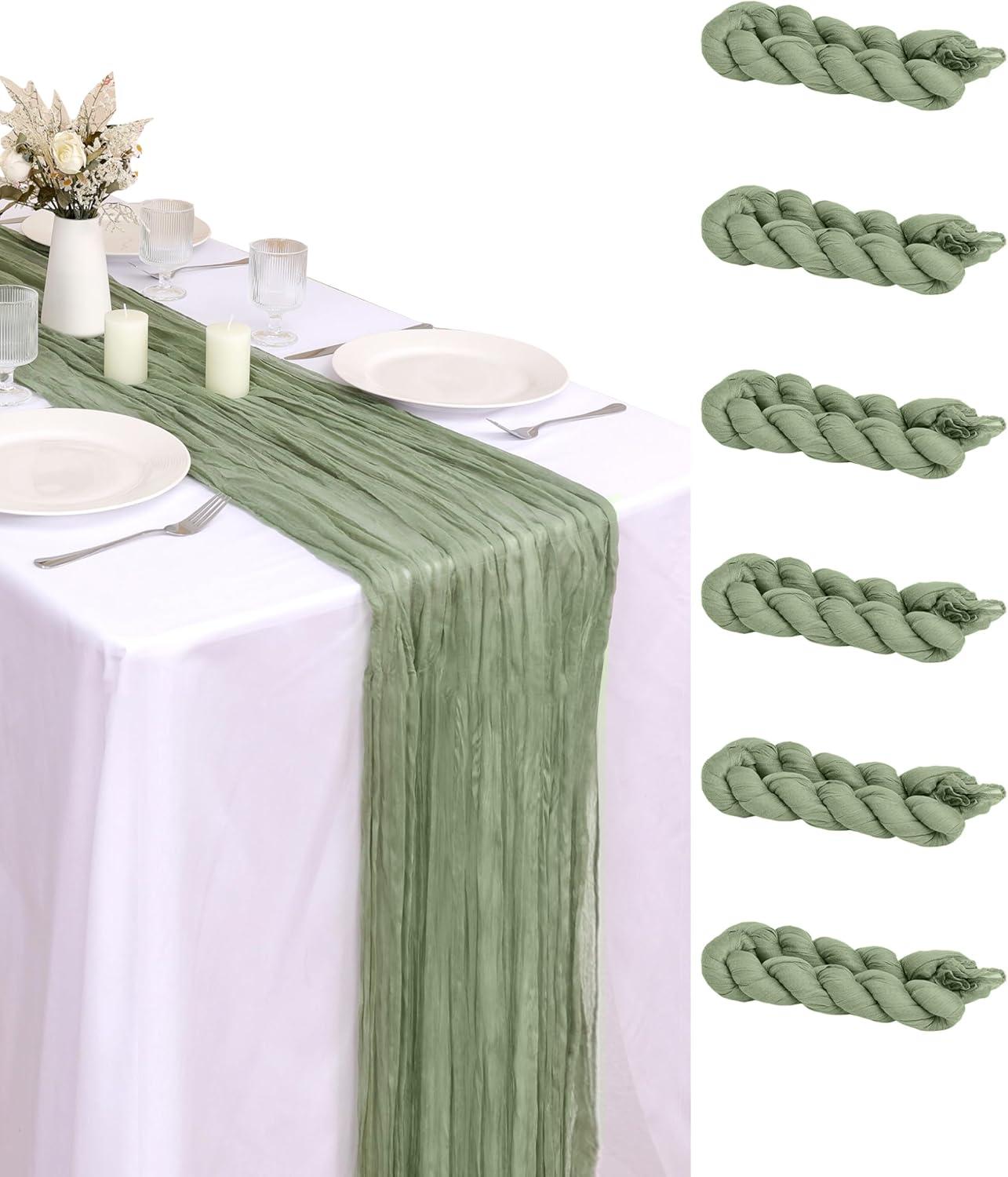 Mint Green Cheesecloth Table Runner 6 Pack 35" Boho Gauze Runner 120 inches Long Tablecloth Runner Rustic Sheer Fabric Bulk for Baby Shower Wedding Bridal Birthday Party Table Decorations